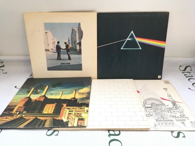 Five Pink Floyd LPs comprising Dark Side Of The Moon, Wish You Were Here and others.