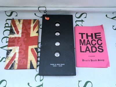 A Punk & New Wave multi CD long box set, a Sex Pistols CD long box and a signed Macc Lads Bear's Head Soup songbook (3).