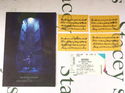 A Kate Bush ticket and program from her 2014 shows at The Hammersmith Apollo plus four lyric flyers released as confetti during the show.
