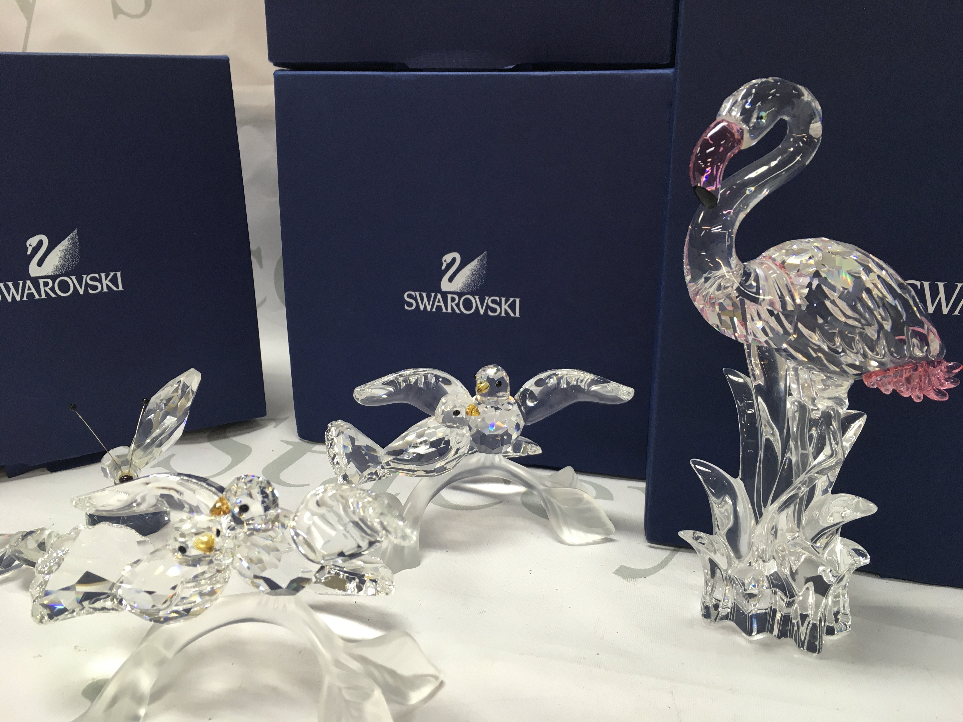 WITHDRAWN-Boxed Swarovski including Flamingo figure, Turtledoves, Damaged butterfly. Postage category C