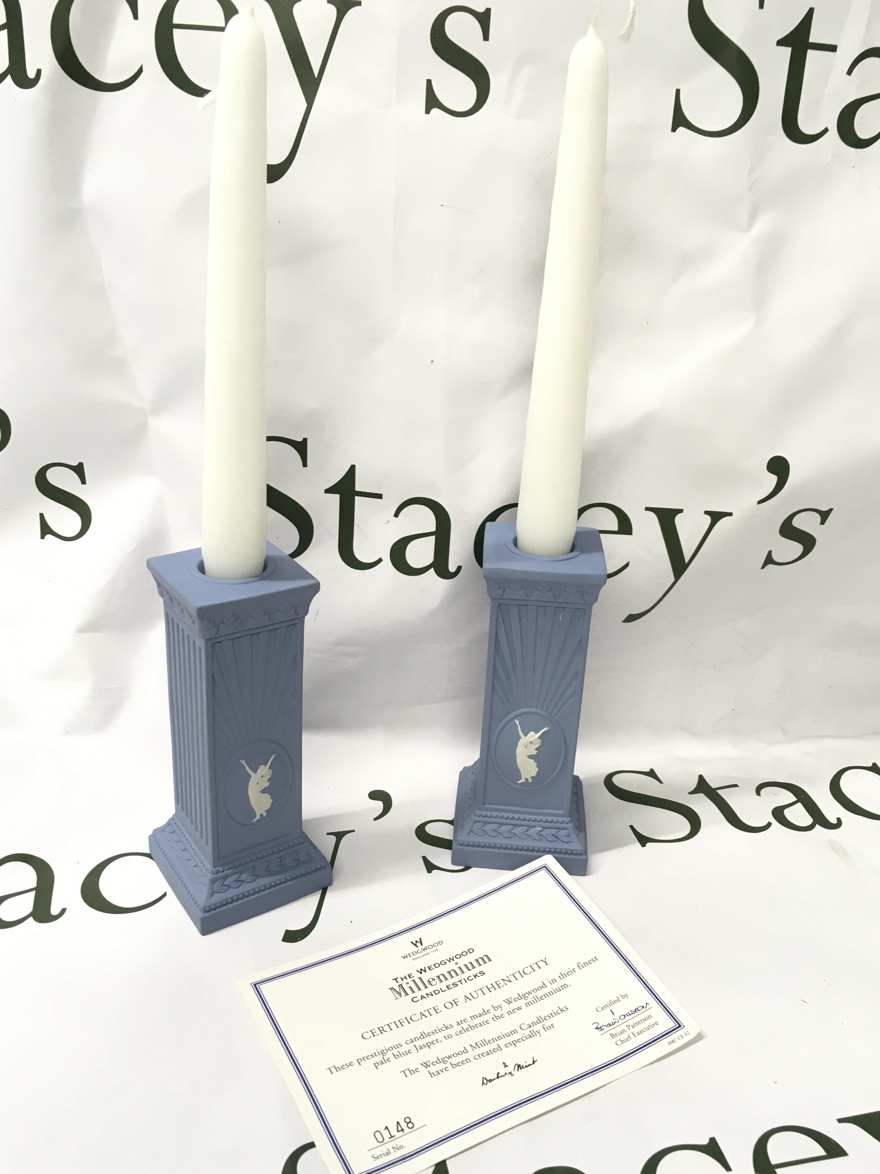 Wedgwood Japserware Millennium candlesticks and Jasperware bowls. This lot cannot be posted