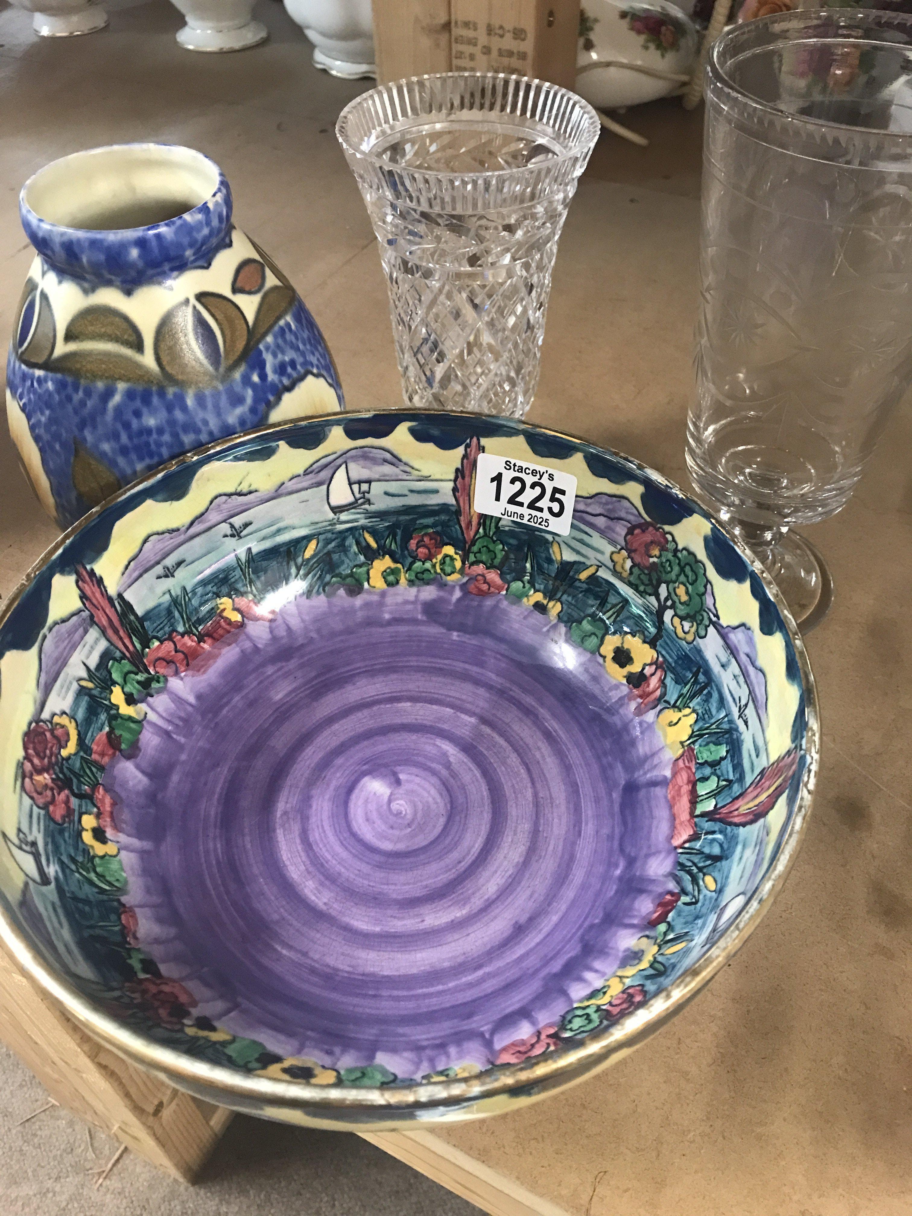Three items of Poole pottery together with a ceramic vase lustre bowl and two glass vases . NO RESERVE