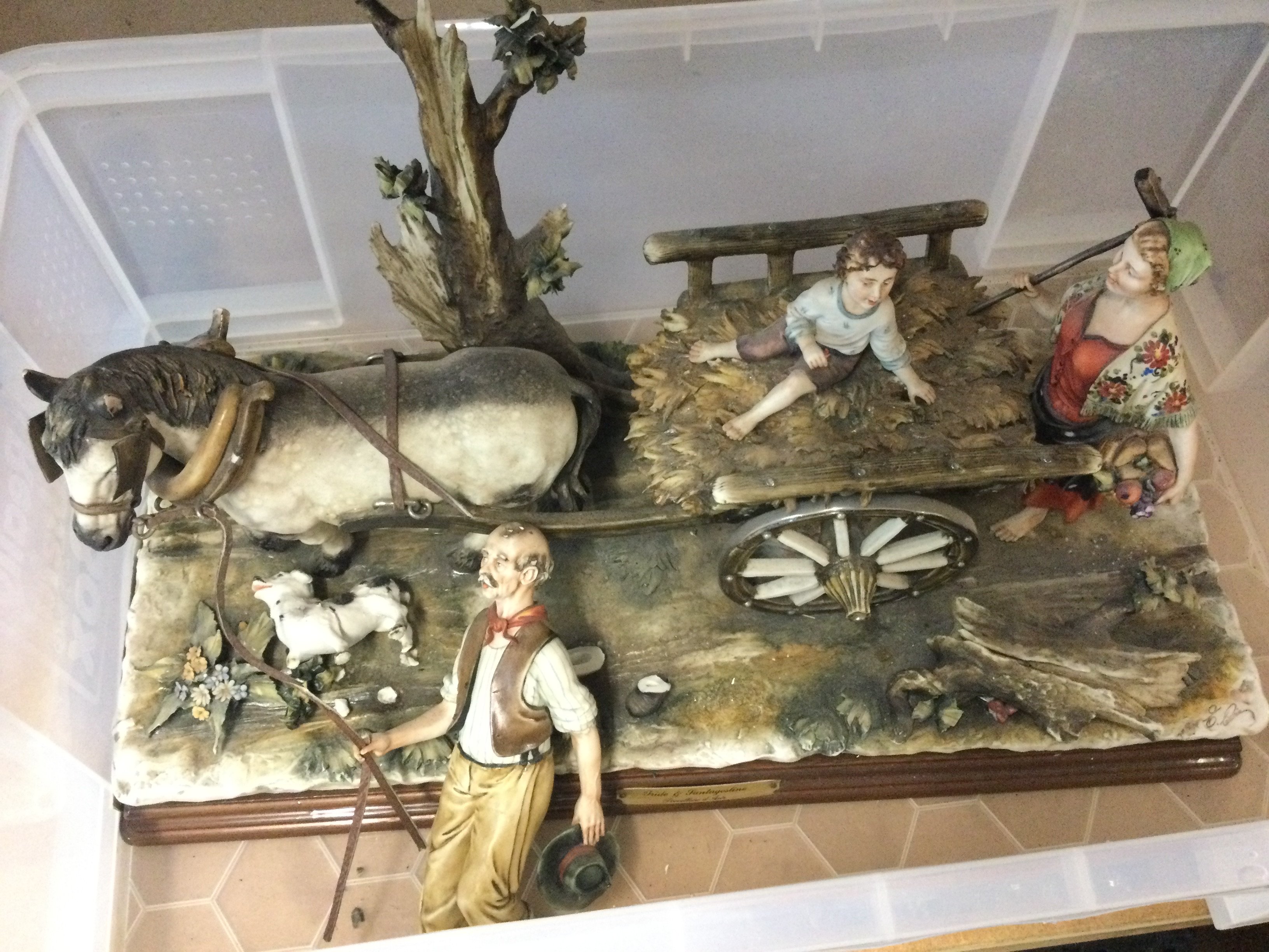 Large horse and cart Capodimonte figure group , damaged . This lot cannot be posted