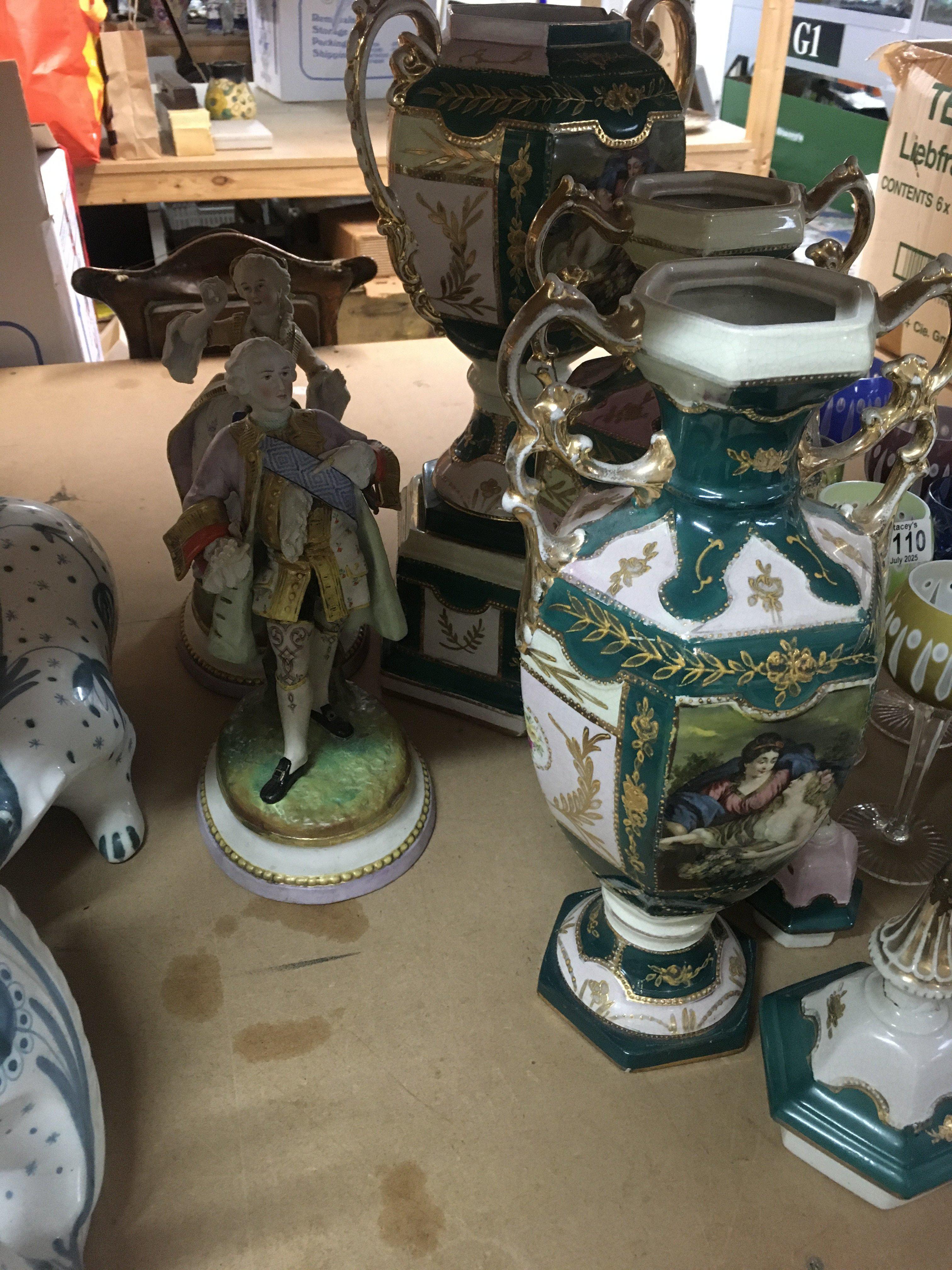 Three Victorian style vases and a pair of figures,