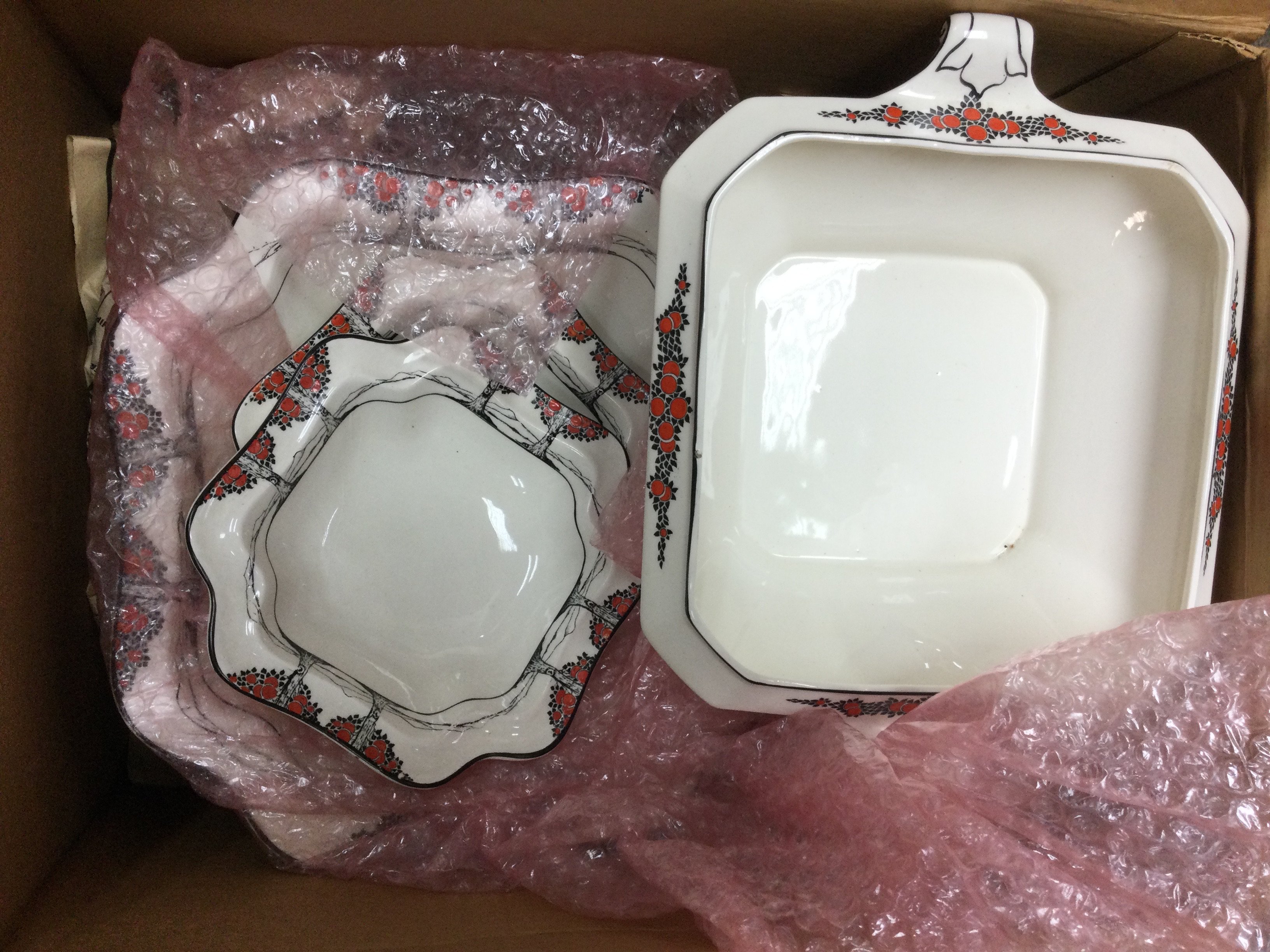 Two boxes containing Crown Ducal Orange Tree service including tureen, side plates etc