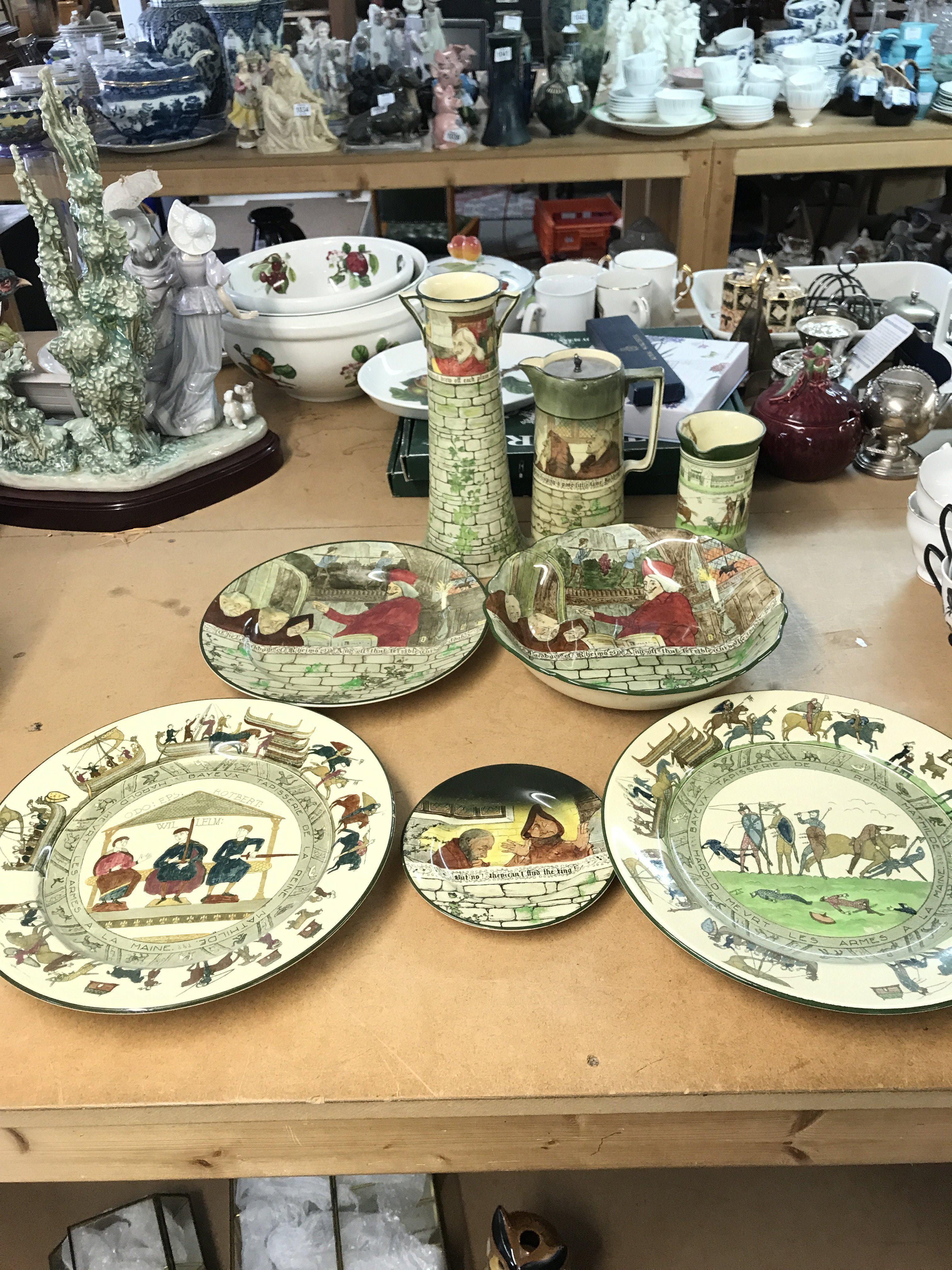 Royal Doulton ceramics including a Bayeux tapestry plate , monks dish, Jackdaw of Rheims dish and pitcher etc. this lot cannot be posted