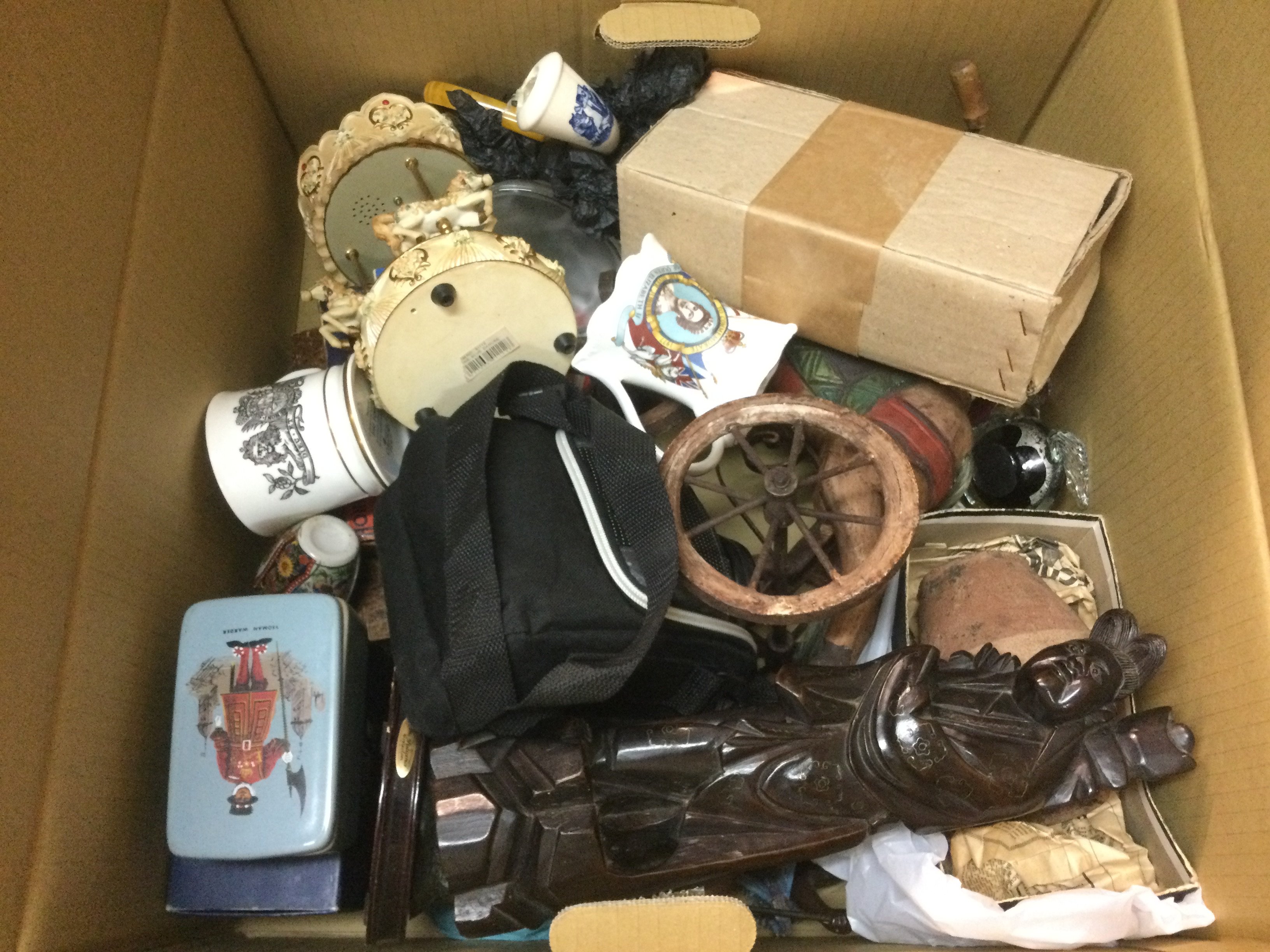 Three boxes of ceramics and other oddments. Shipping category D.