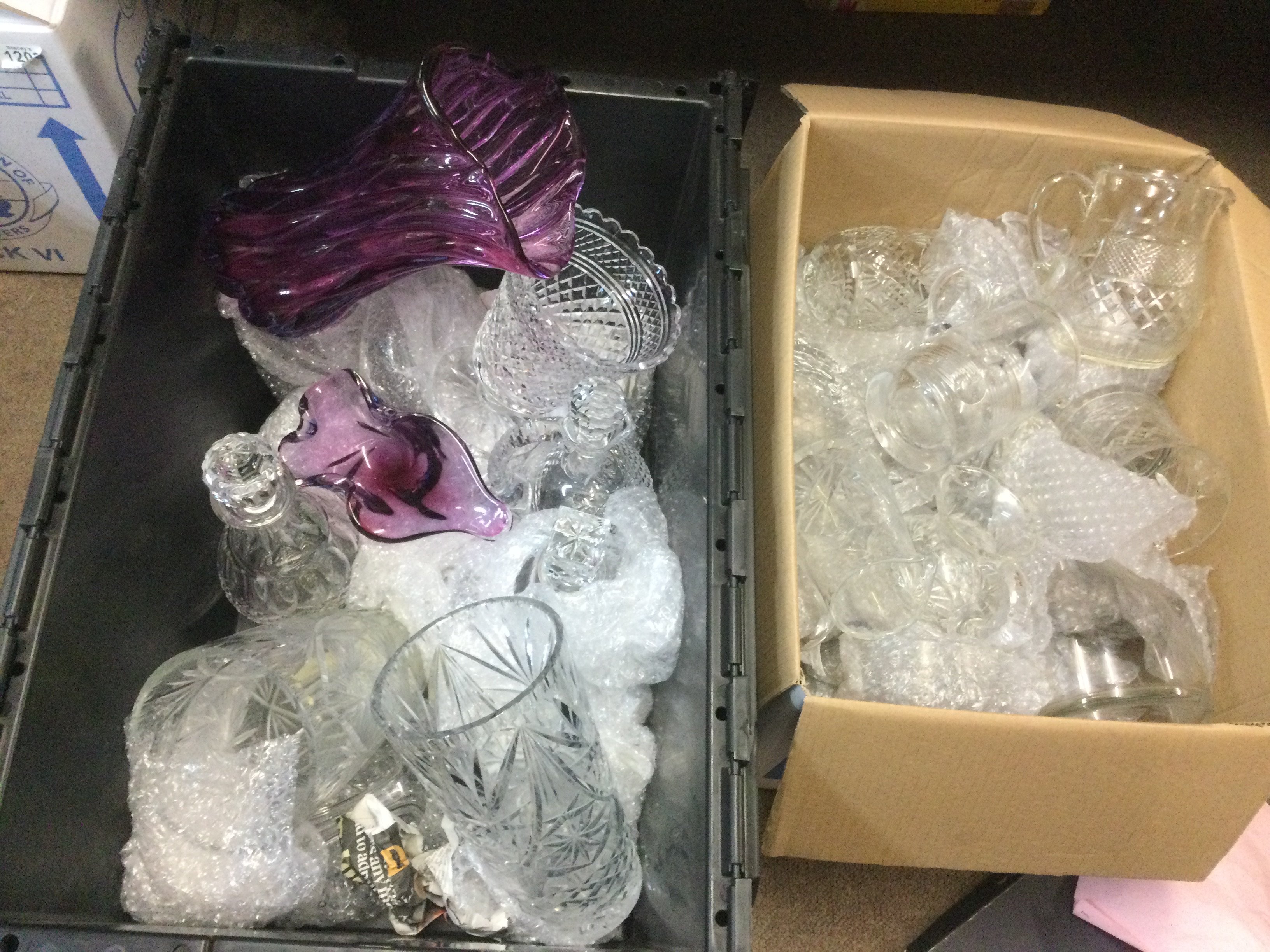 WITHDRAWN  - Three boxes containing a large collection of crystal glassware including Thomas Webb and Edinburgh crystal. Shipping category D.