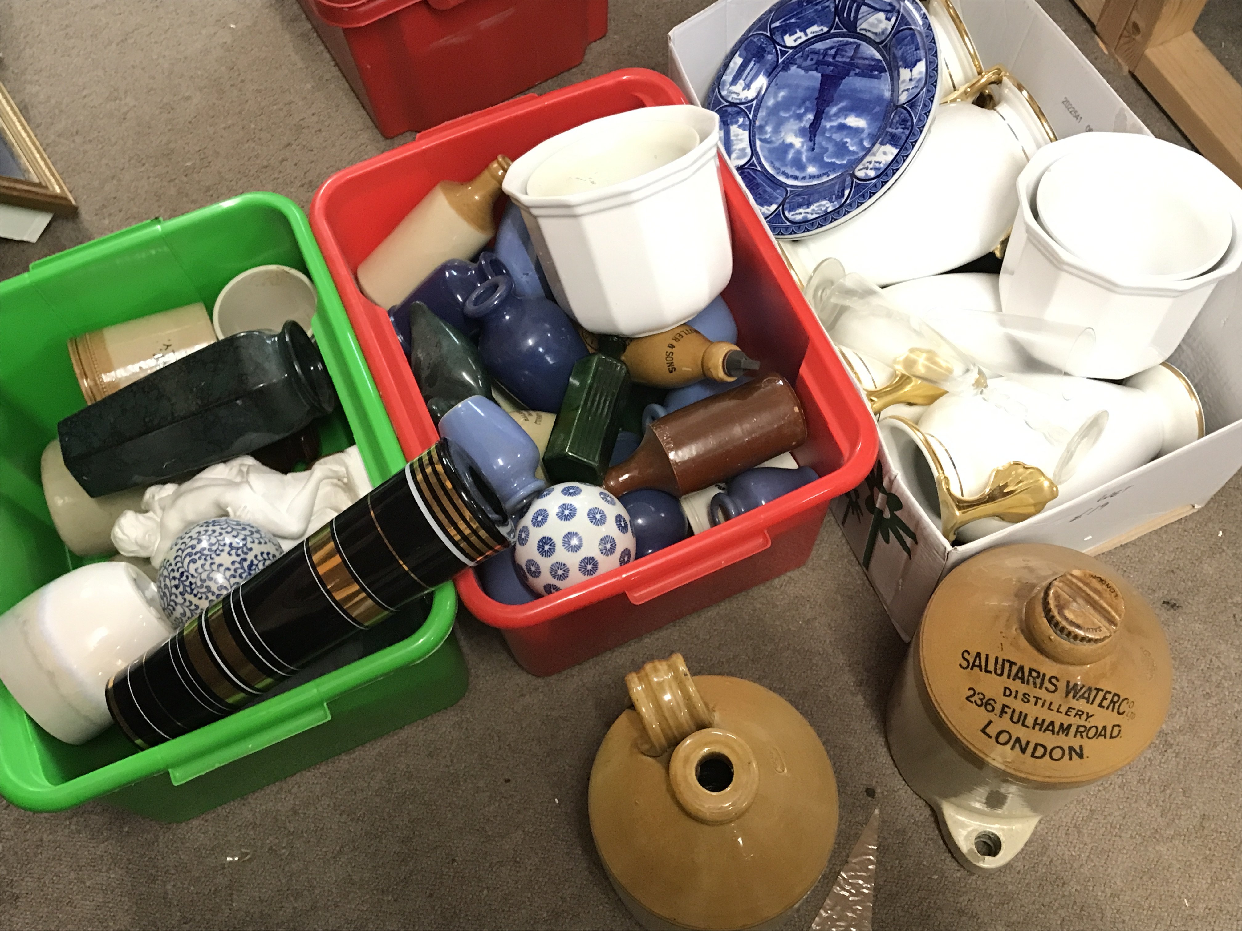 Boxes of ceramics including classical figure, blue and white Staffordshire plates, distillery bottles etc
