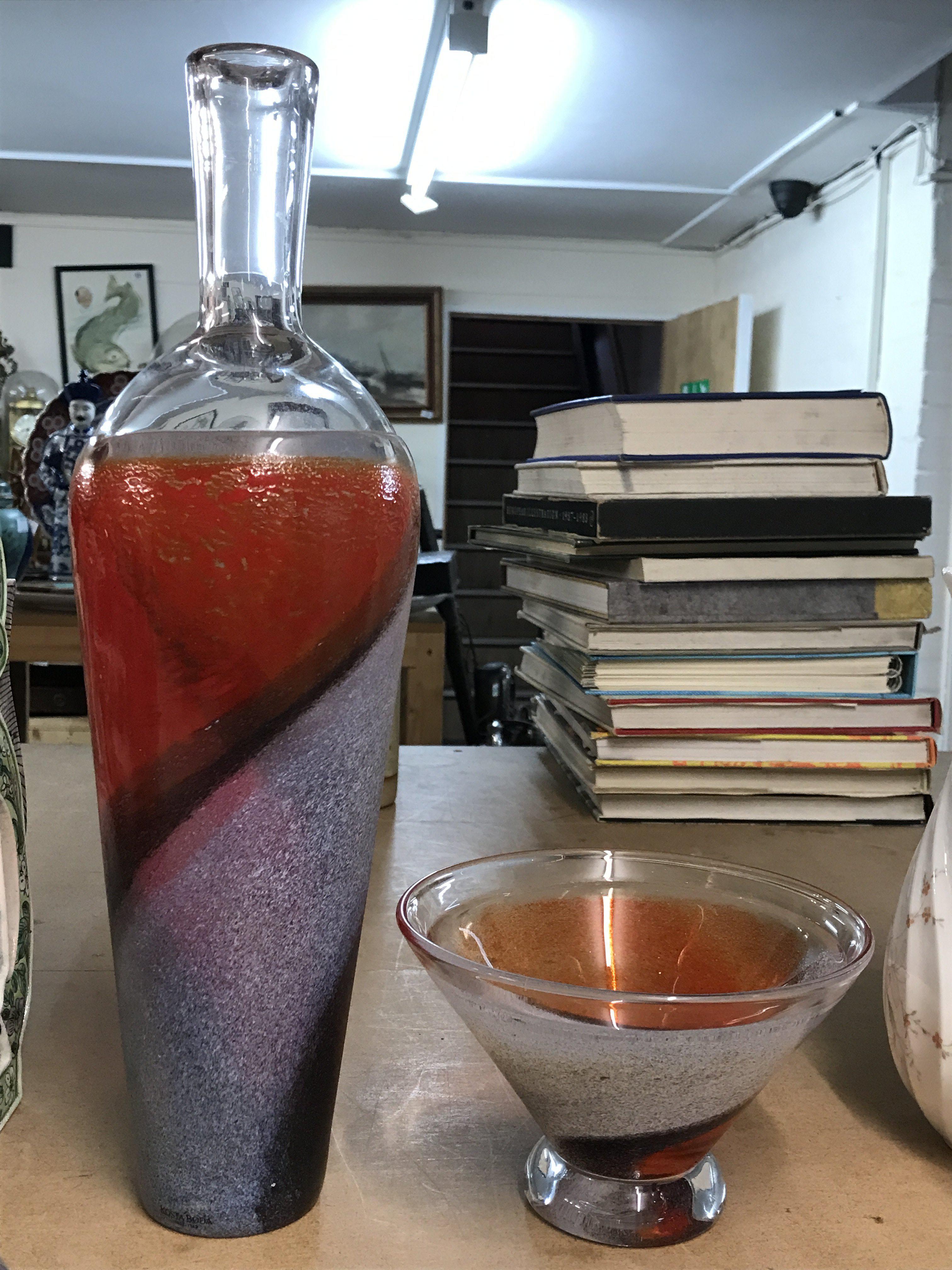 Art glass mid 20th century Kesta Bade signed bottle vase and dish . This lot cannot be posted