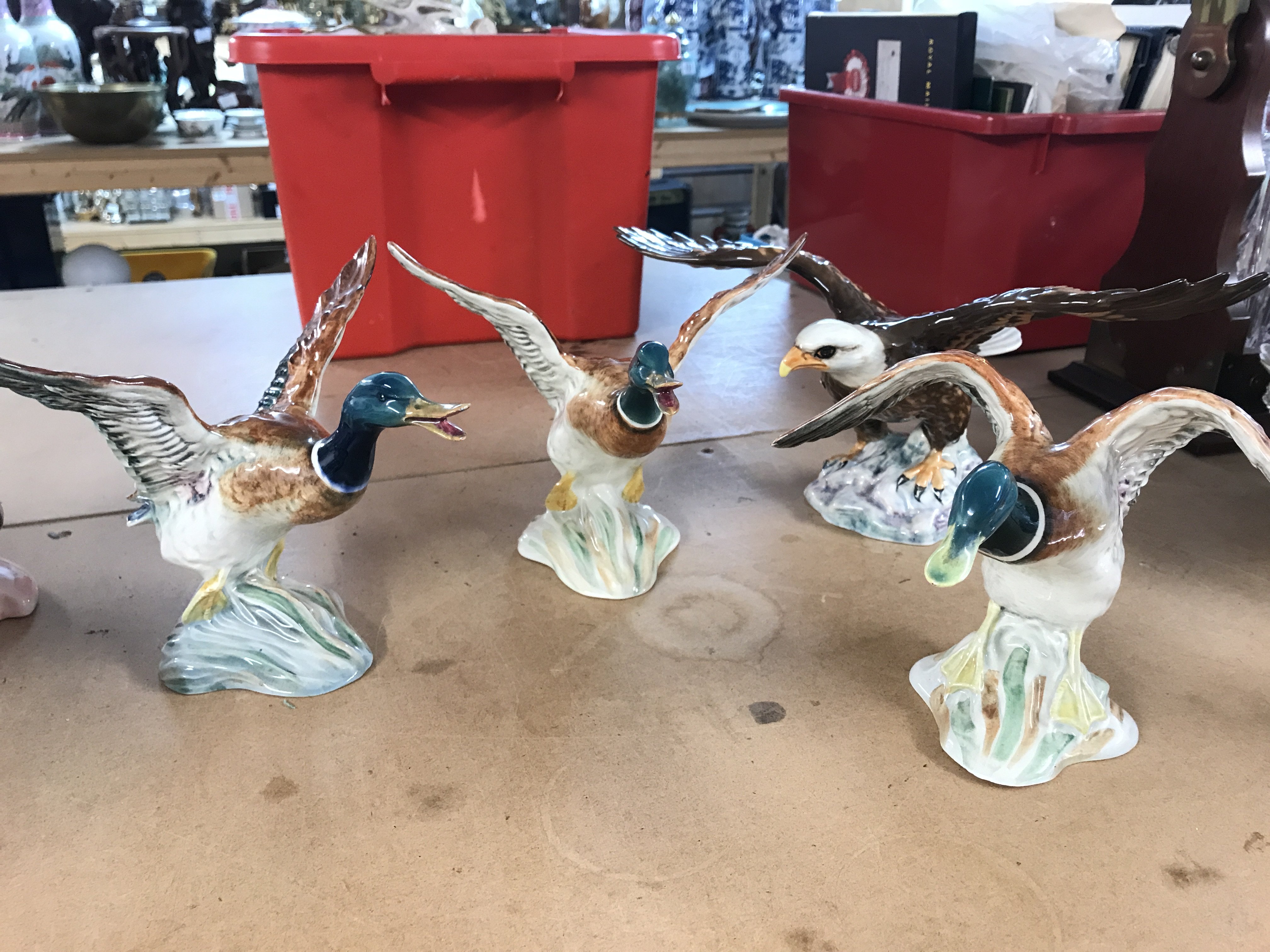 Beswick porcelain figures including three ducks and a bald eagle. Approximately 15cm tall. This lot cannot be posted