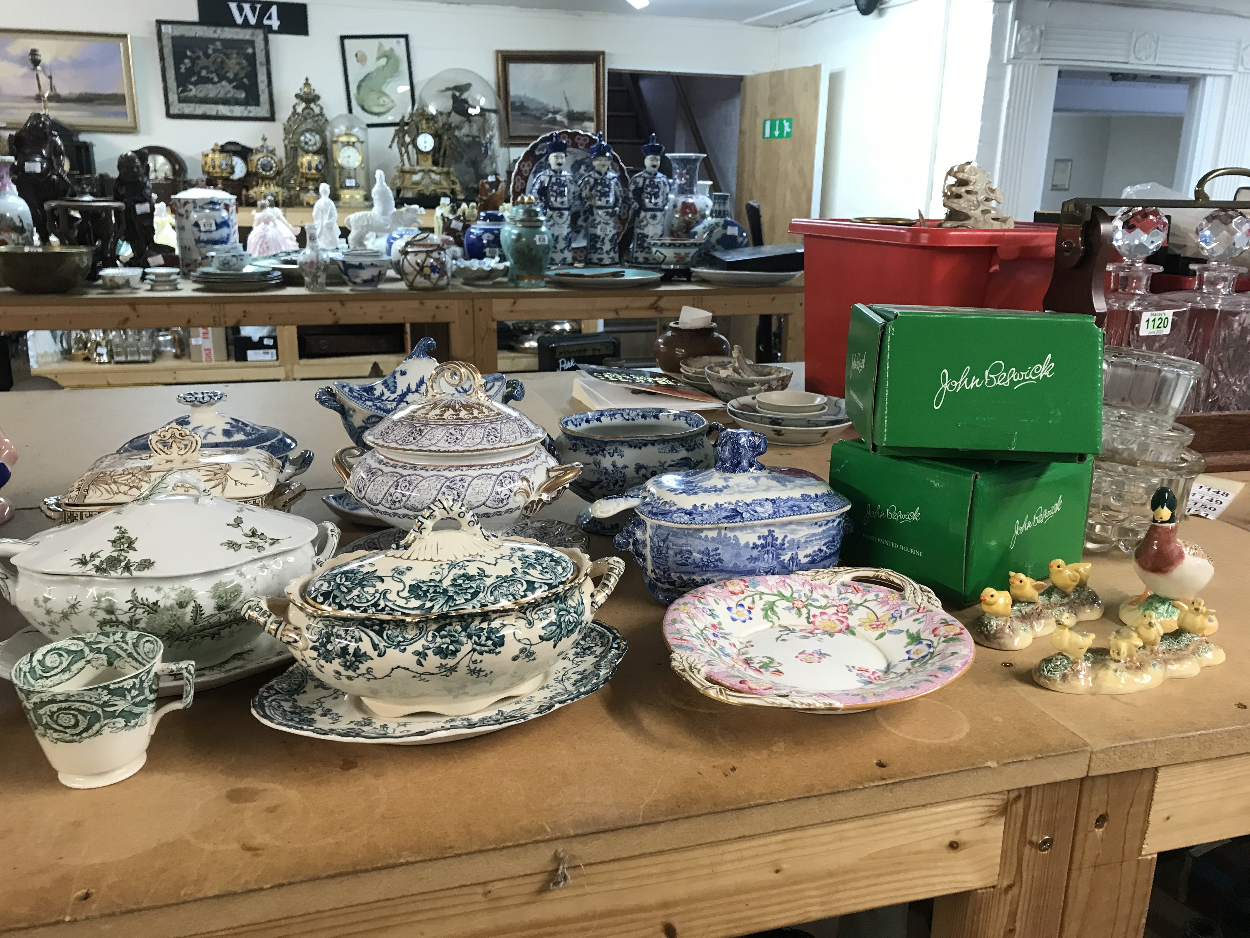A Collection of porcelain tureens, boxed Beswick duck and duckling figures, Minton dish (damaged and restored ) glass jelly mould. This lot cannot be posted