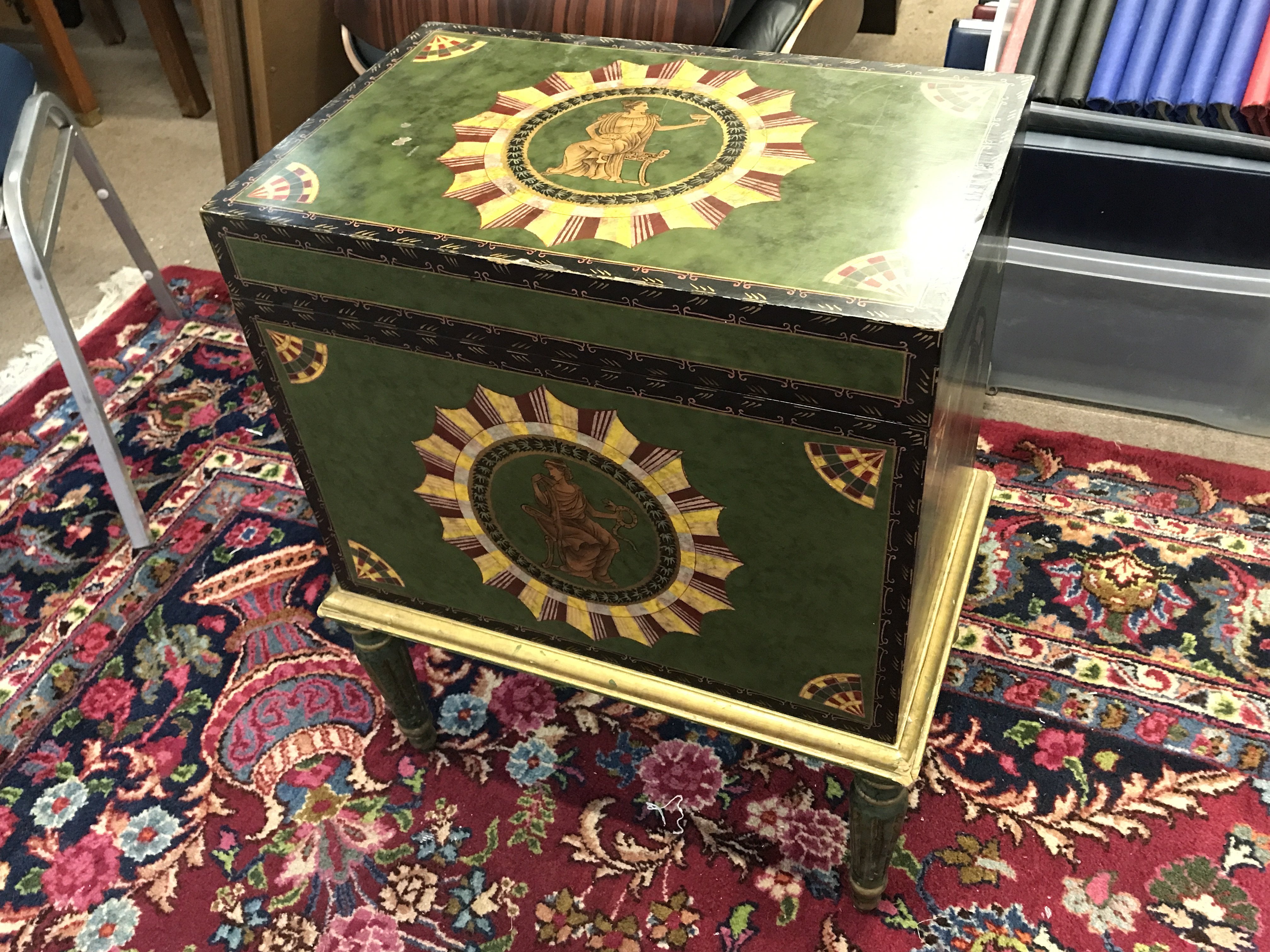 A trunk on stand with neoclassical design from the Stringfellows Club, Hippodrome VIP Lounge. 62cm tall 47cm wide.