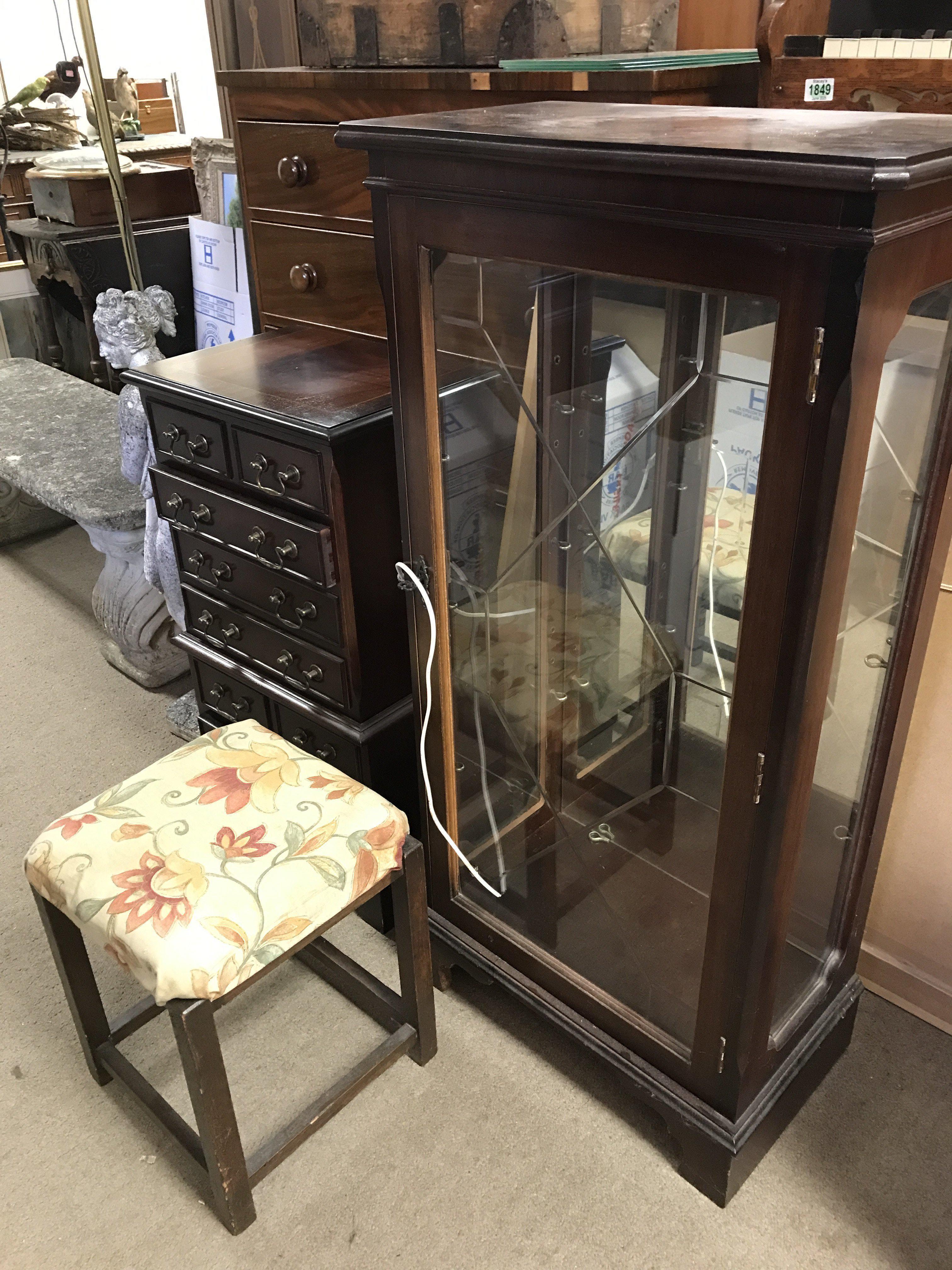 A small mahogany chest of drawers, oak cabinet (107cm tall) and stool (40cm tall)