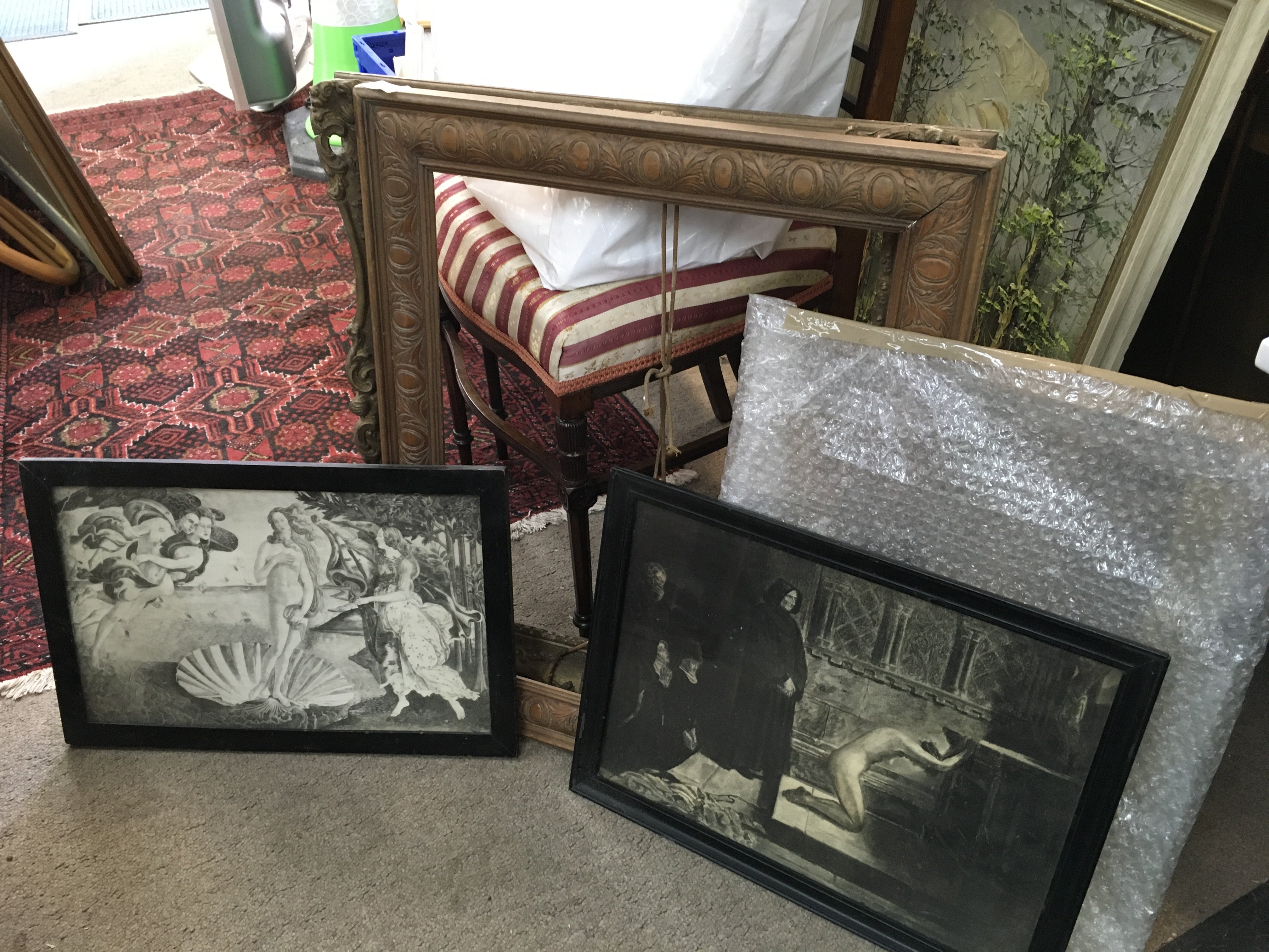 A collection of gilt and gesso picture frames and charcoal studies. 45cm wide 34cm tall, birth of Venus 47cm wide 31cm tall. This lot cannot be posted