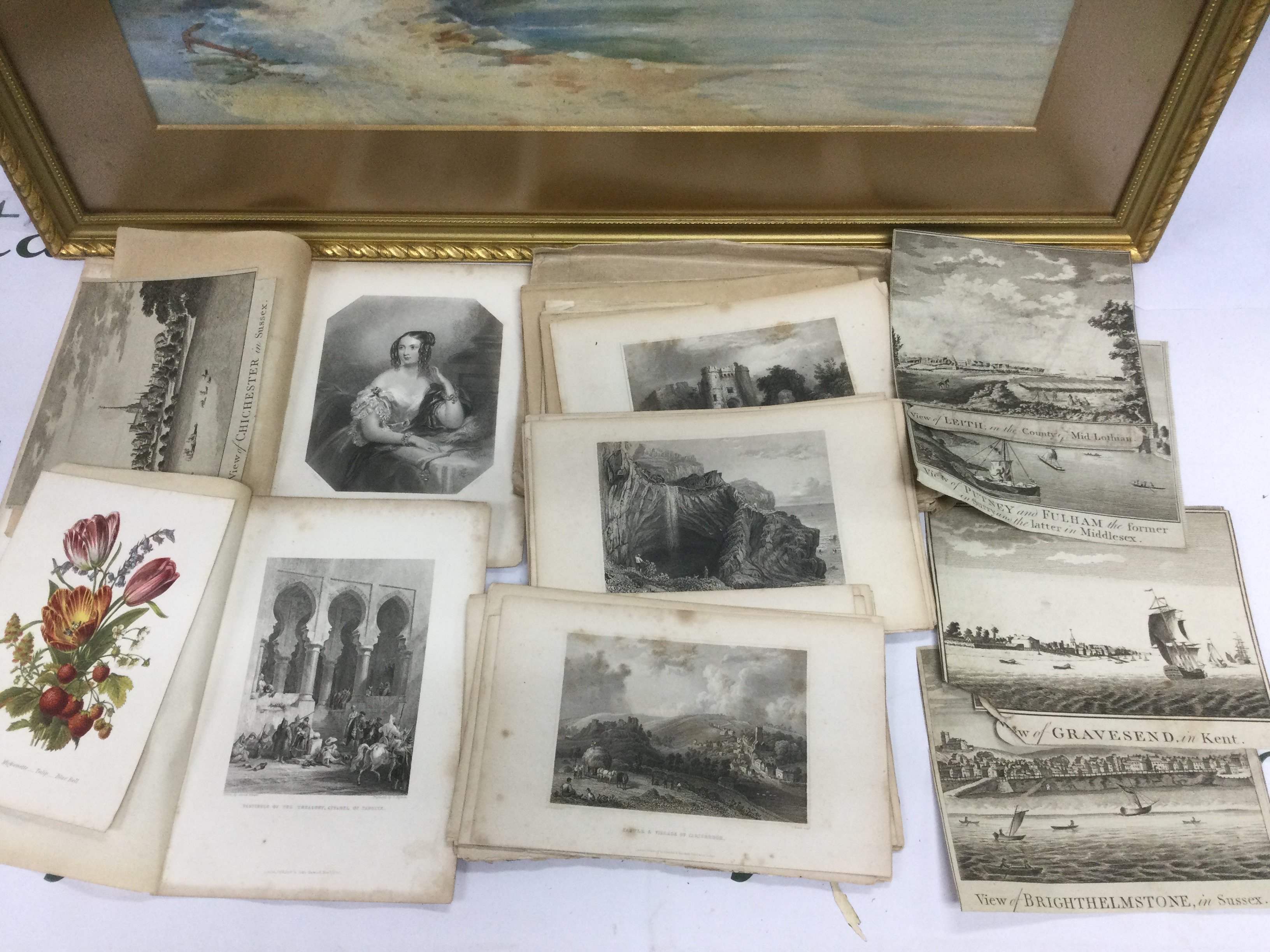 A gilt framed watercolour of a harbourside scene, approx 76cm x 58cm plus a quantity of small 19th Century unframed prints (2). Shipping category D. NO RESERVE