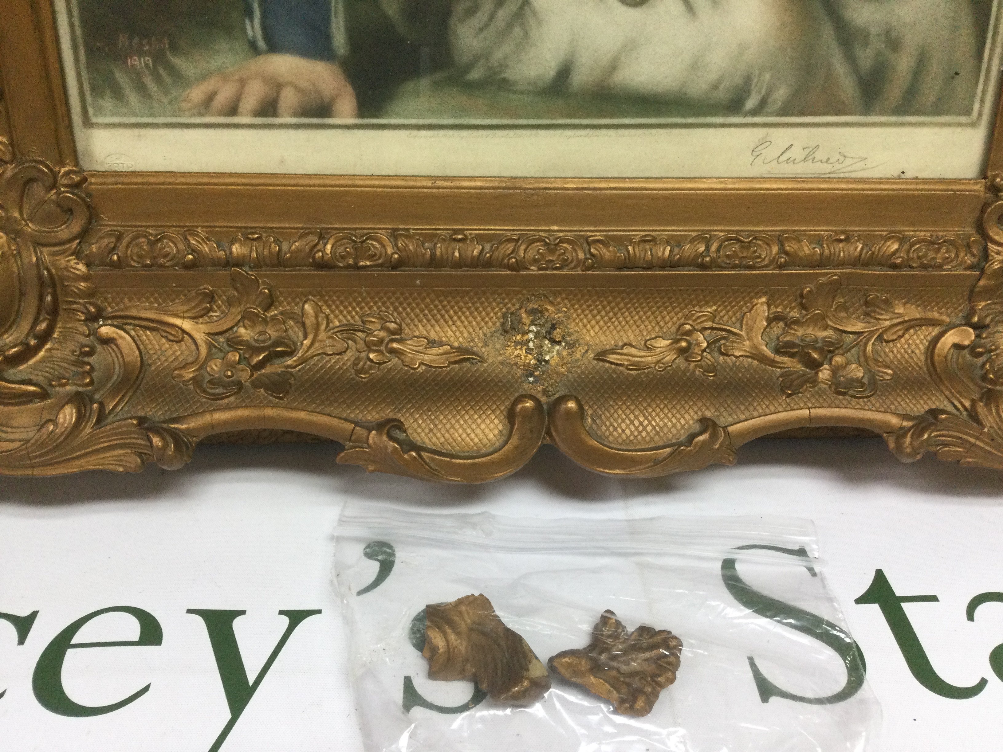 A gilt framed limited edition signed print of a young boy in a Victorian naval uniform, approx 52cm x 59cm. Some slight damage to frame. Shipping category D. NO RESERVE