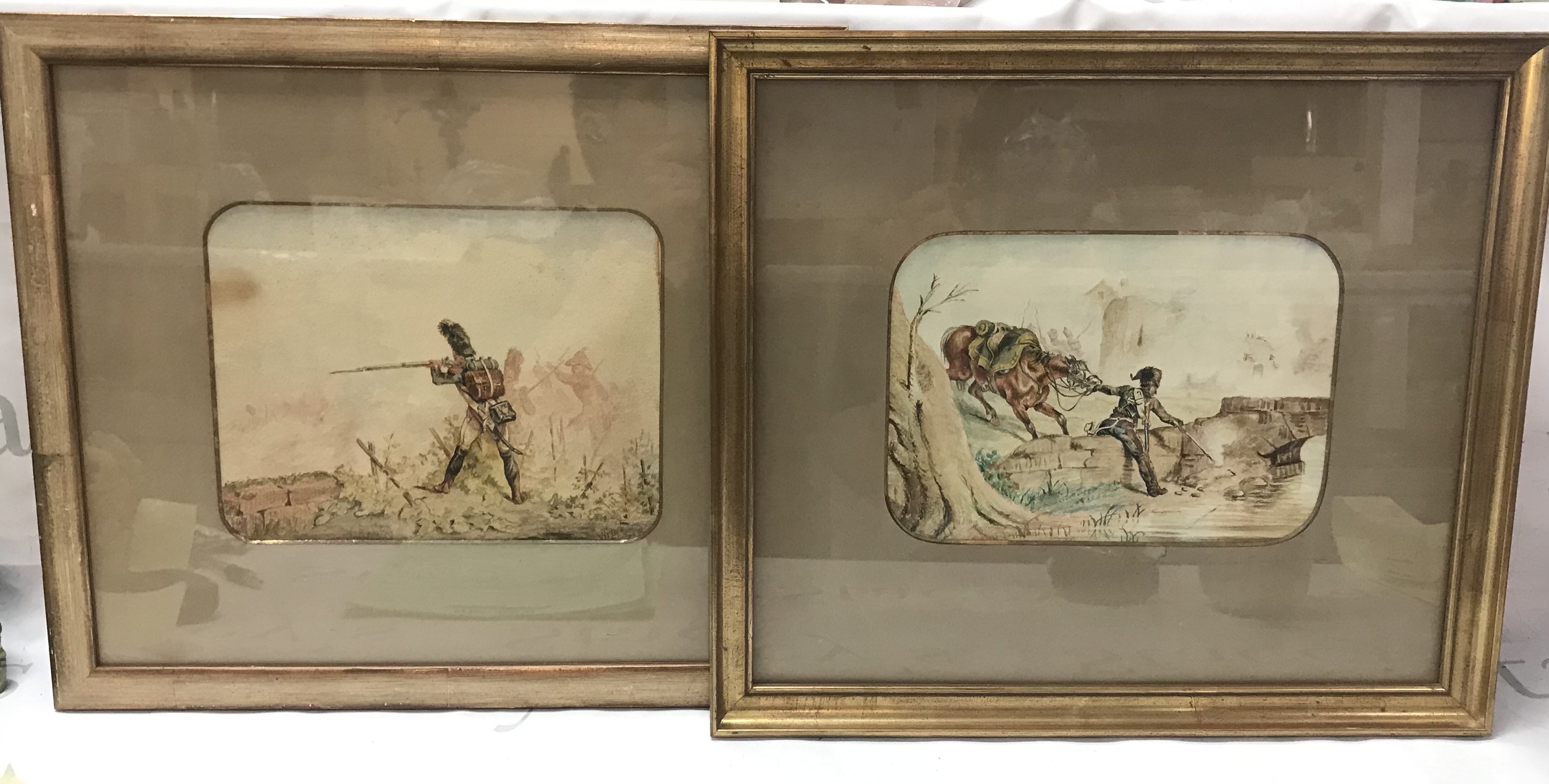 Two 19th century Napoleonic watercolour paintings, War in the Peninsula the downfall of Napoleon. Frame dimensions 41x37cm . This lot cannot be posted