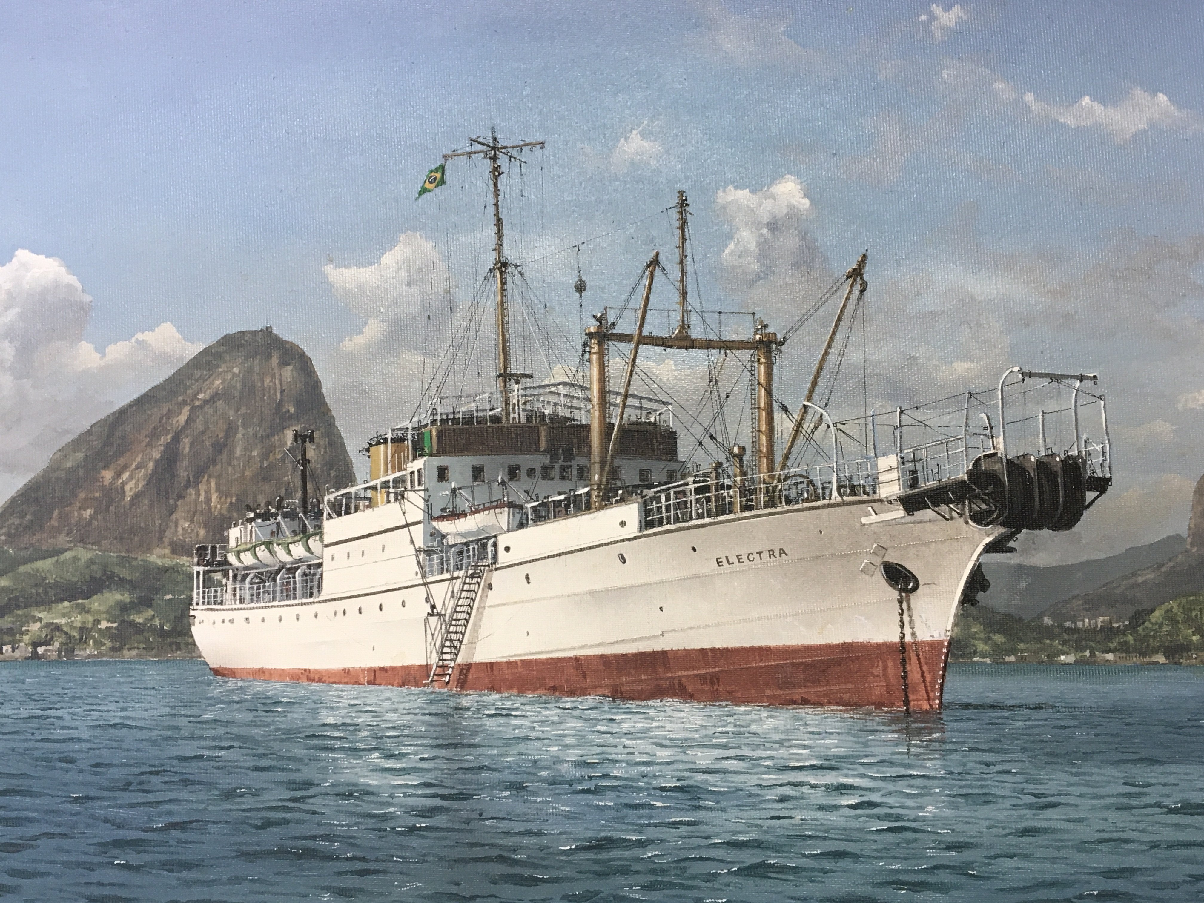 A Framed oil painting on board Marine study of the ship Electra moored with anchor down at Guanabara Bay Rio dated 28/04/1954. Signed by Robert G Lloyd 16 67x54cm approximately.