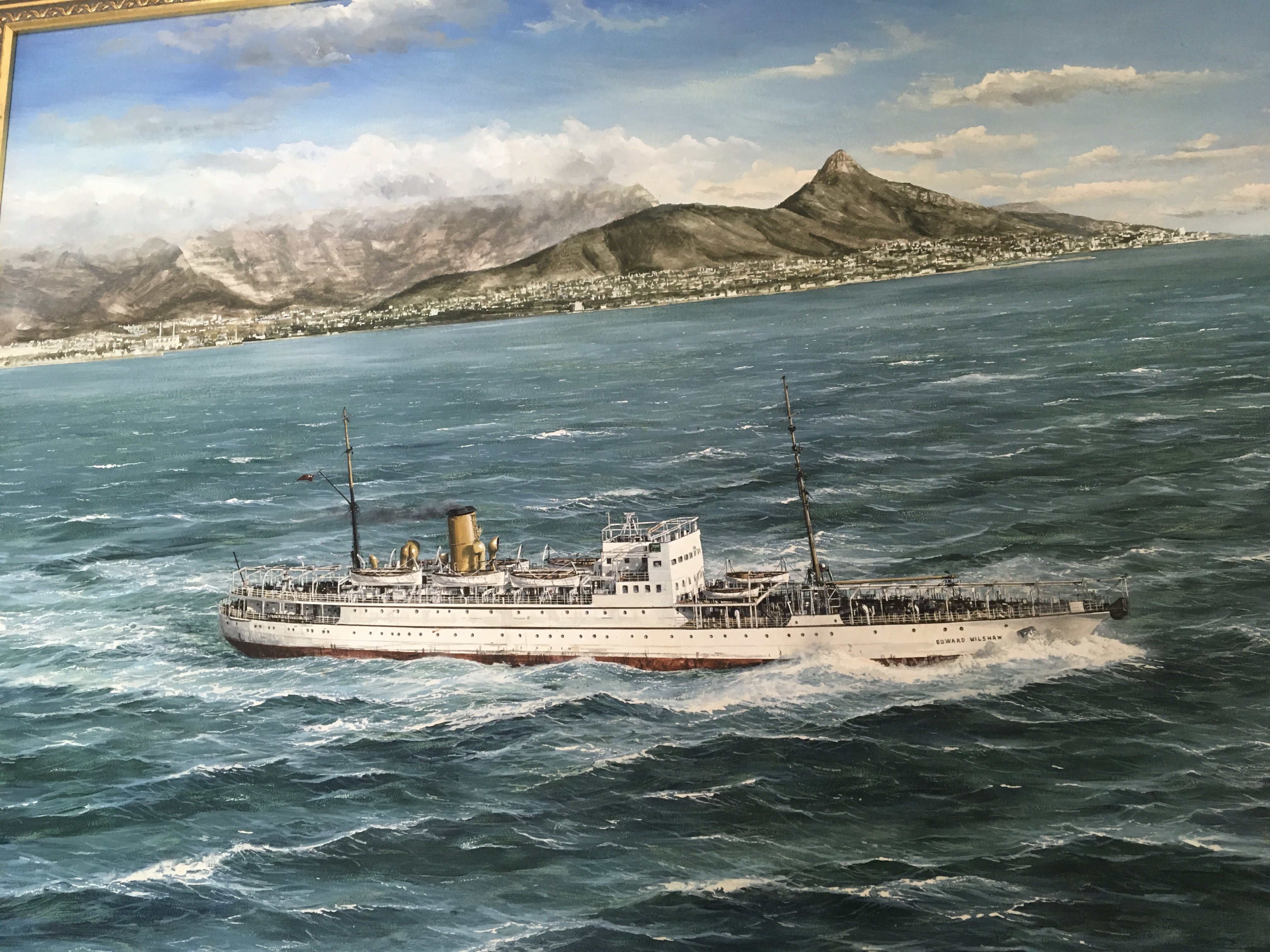 A framed oil painting on board Marine view study of the ship Edward Wilshaw of the coats of Cape Town SA signed by Robert G Lloyd 2008 83cmx 75cm approximately