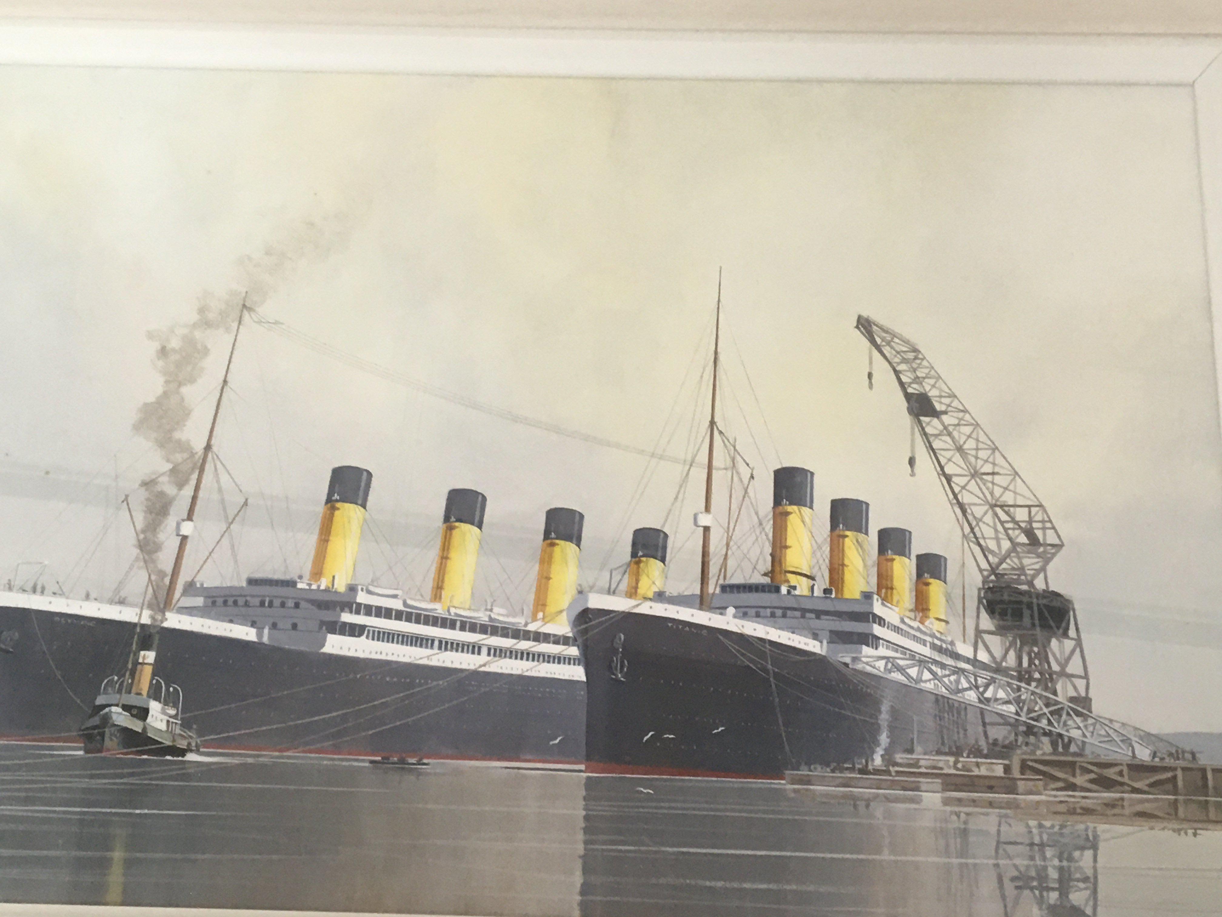 A framed acrylic painting retrospective study of the Titanic and Olympic moored with tug boats Indistinctly signed in pencil.