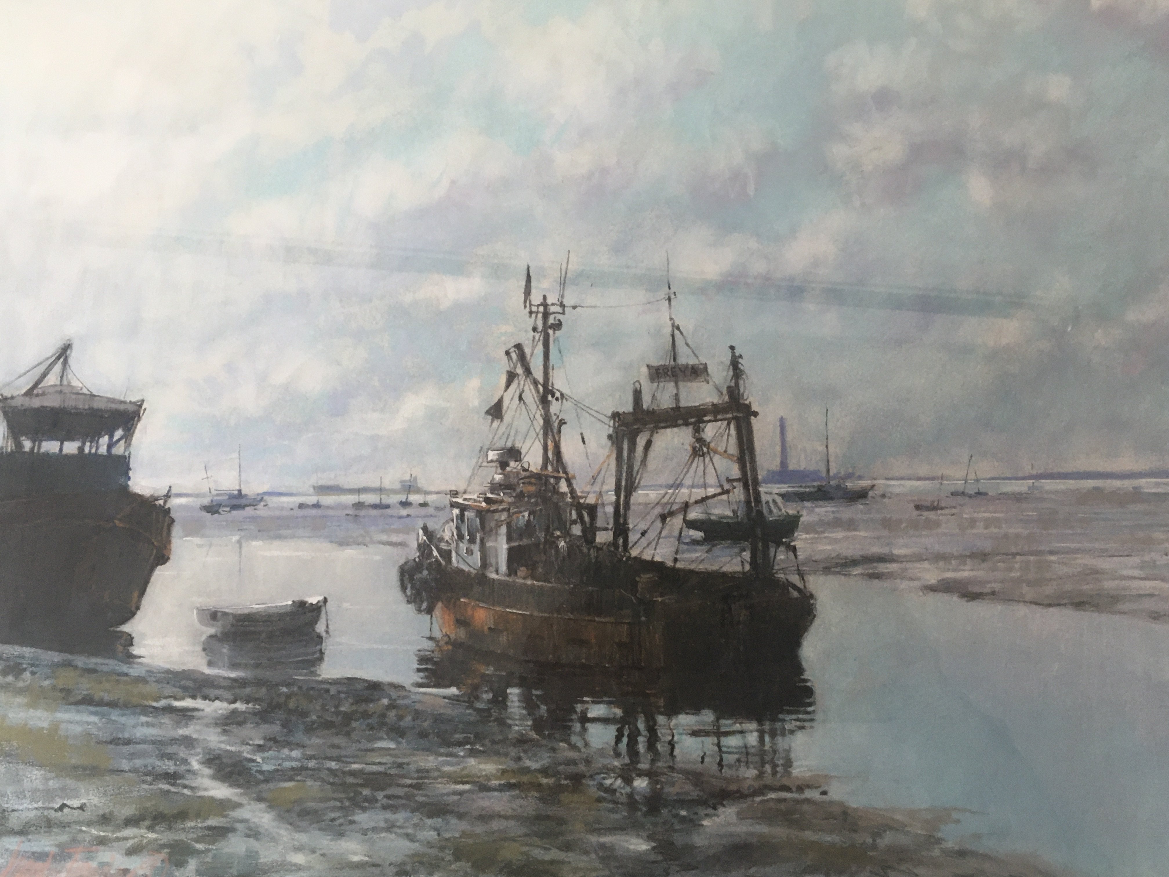 A framed Pastel study of a moored fishing trawler at Leigh on a low tide.signed by Leigh Taylor The pastel entitled Working Trawler Leigh 1998 winner of the Lynn Tait award the reverse with applied labels, 68x54cm