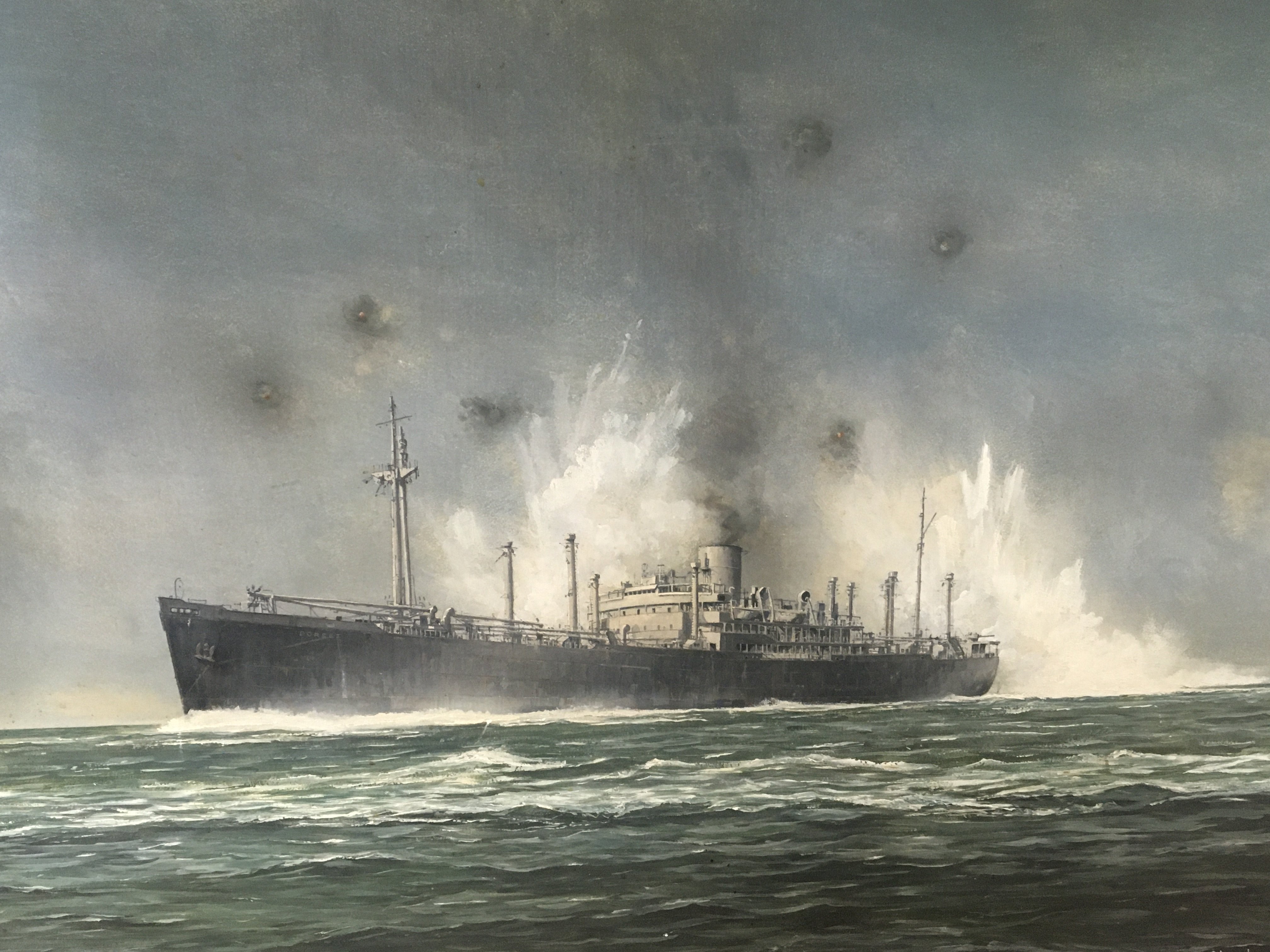 A framed oil painting on board Marine study of SS Dorset of Cape Bon during operation Pedestal. 13.8 1942 a convoy of ships sent to give relief and supplies to Malta which engaged with the enemy and incurred the loss of several merchant ships and Royal Navy ships. The painting signed by the artist Robert G Lloyd. 93x69cm