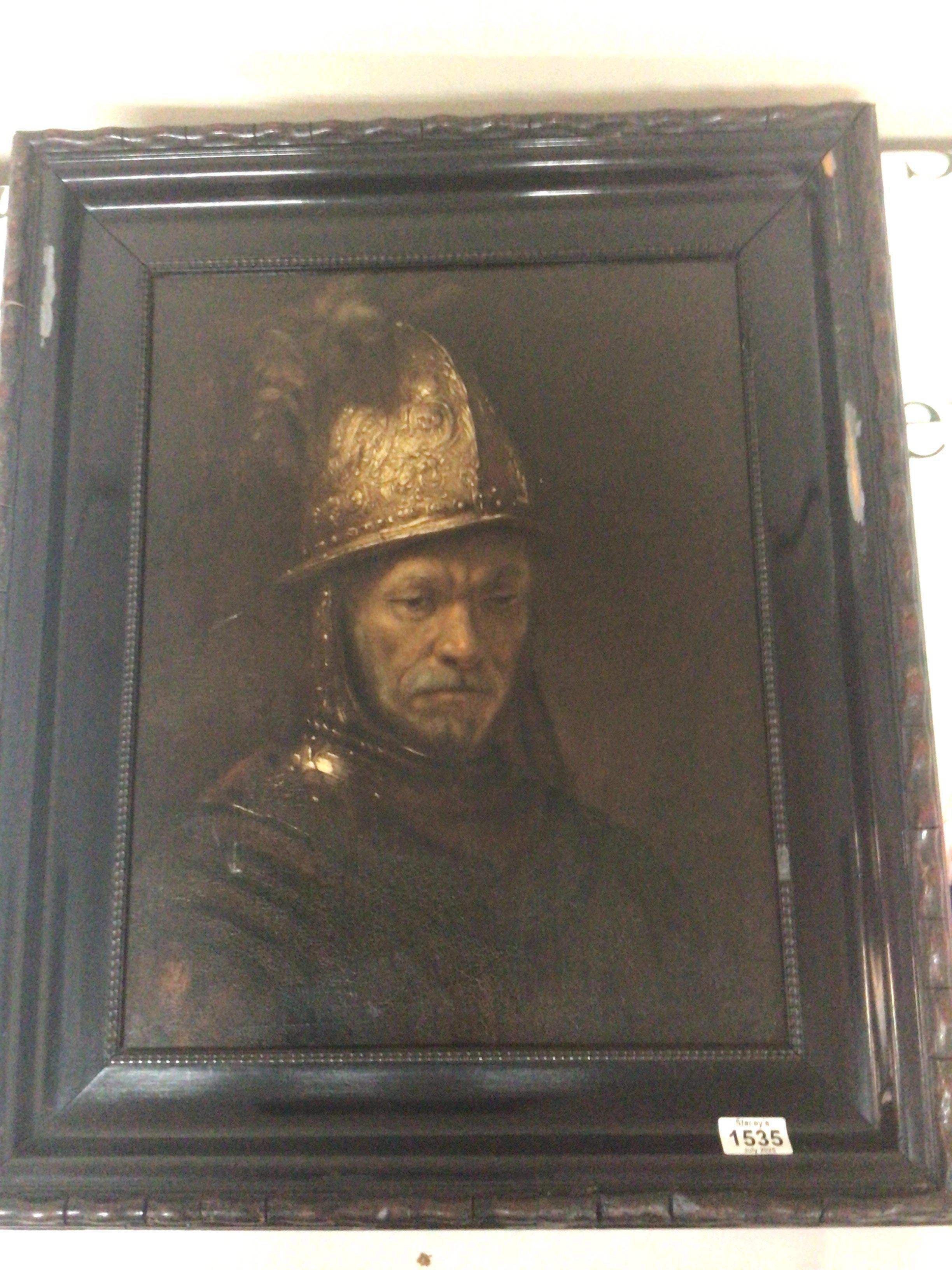 A framed painting on board. After the original by Rembrant Man in a Golden Helmet in an early 17th century style frame. 58x68cm