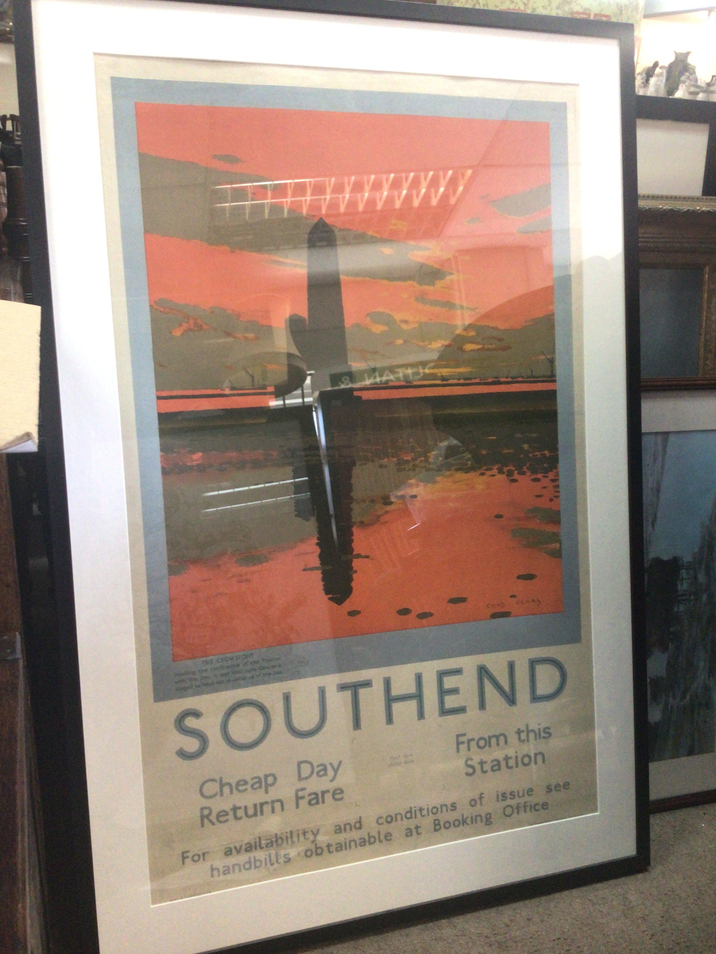 A framed local interest vintage Southend railway advertisement poster signed Chas Pears (1873-1958). This lot cannot be posted