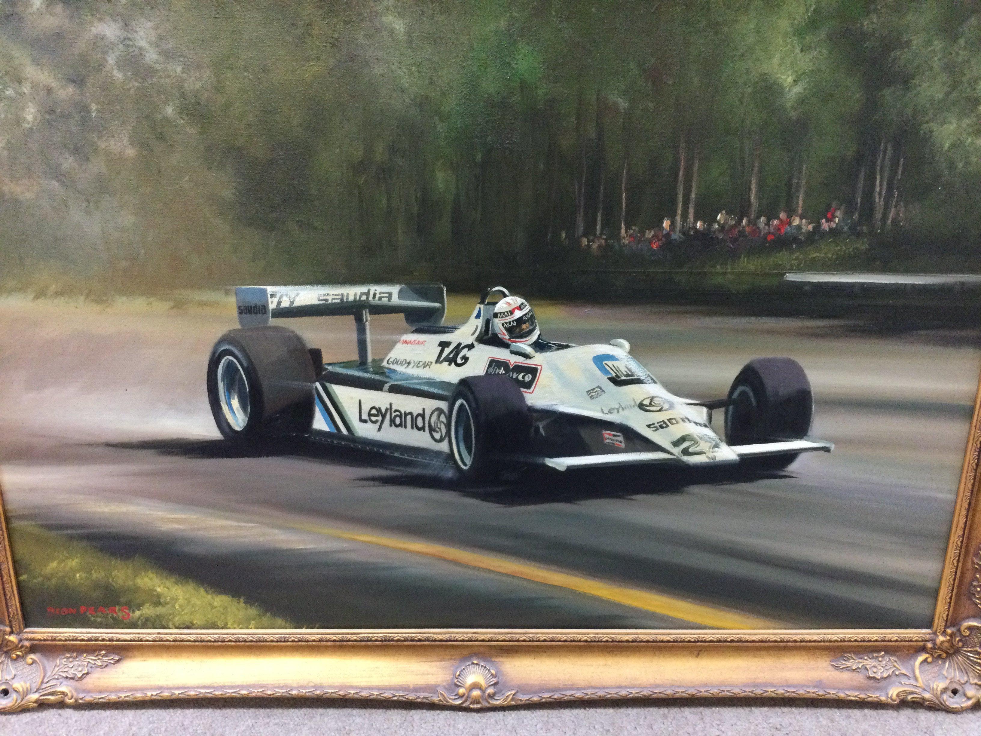A framed Dion Pears oil painting Leylad racing car. 90 cm x 60 cm .