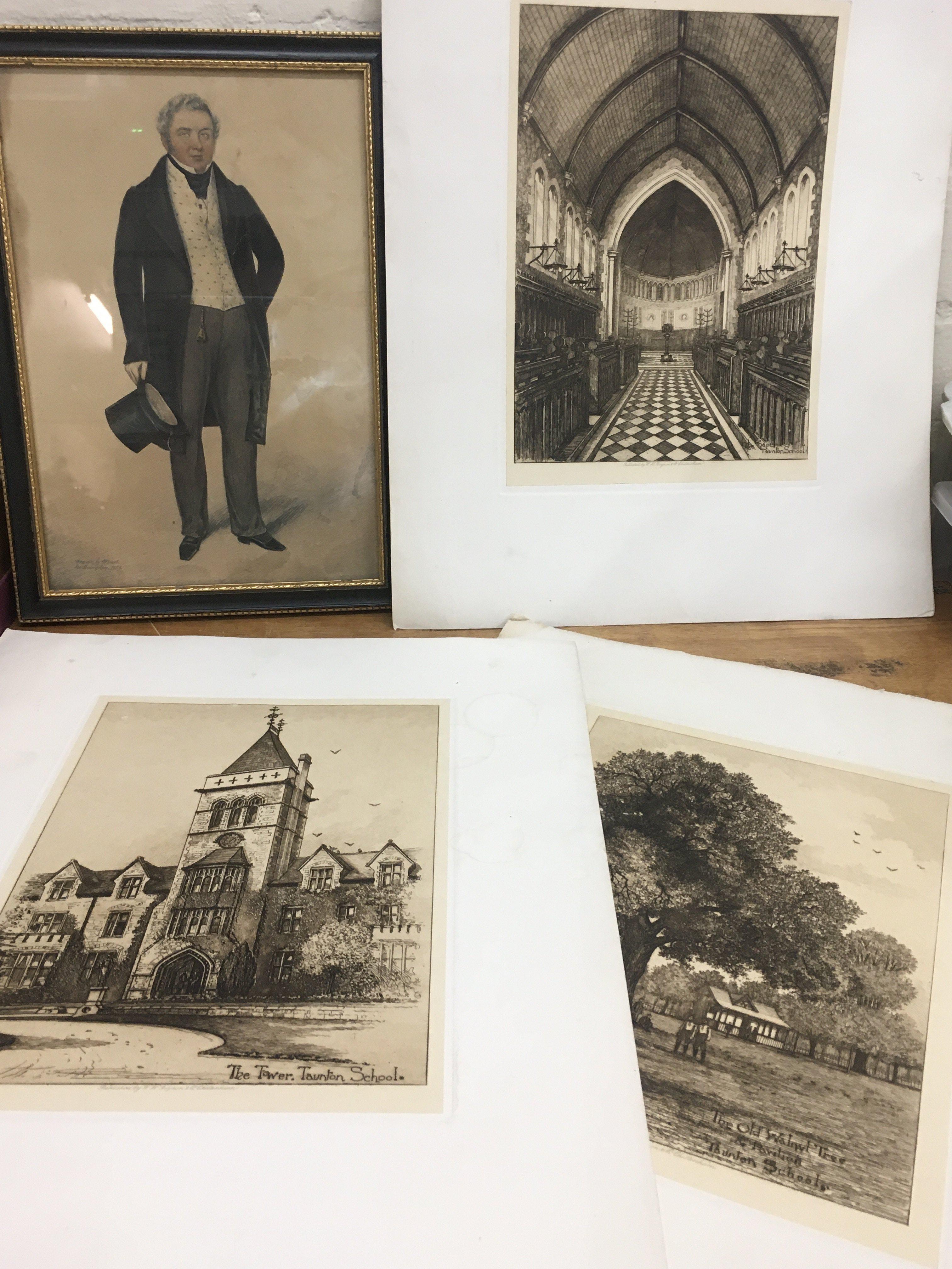 A framed full length drawn portrait dated 1899 and steel point engravings . This lot can be posted without the frame postage category C