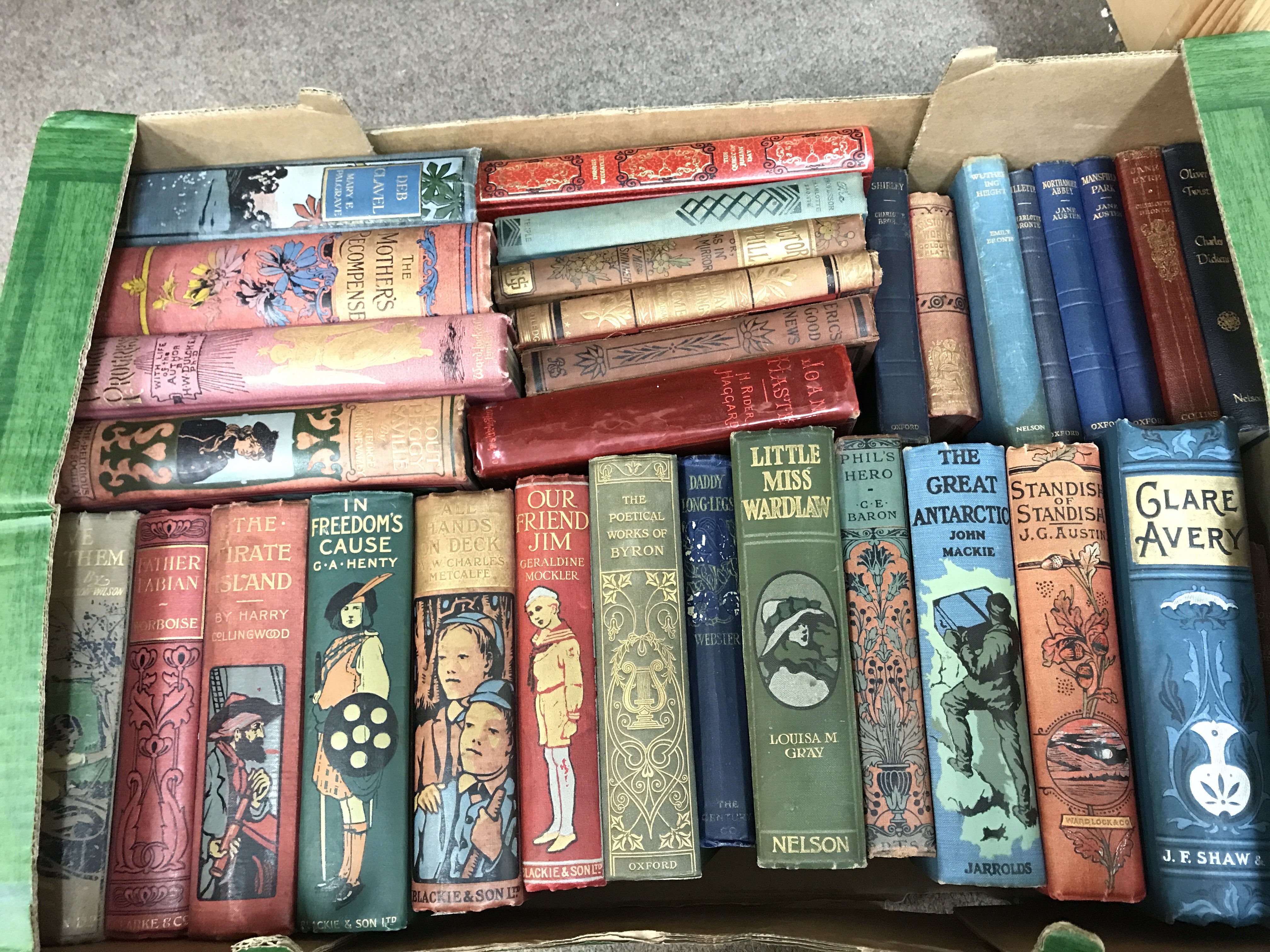 A collection of vintage books including children's books with illustrated spines , Joan Haste by H.Rider Haggard 1897 etc.