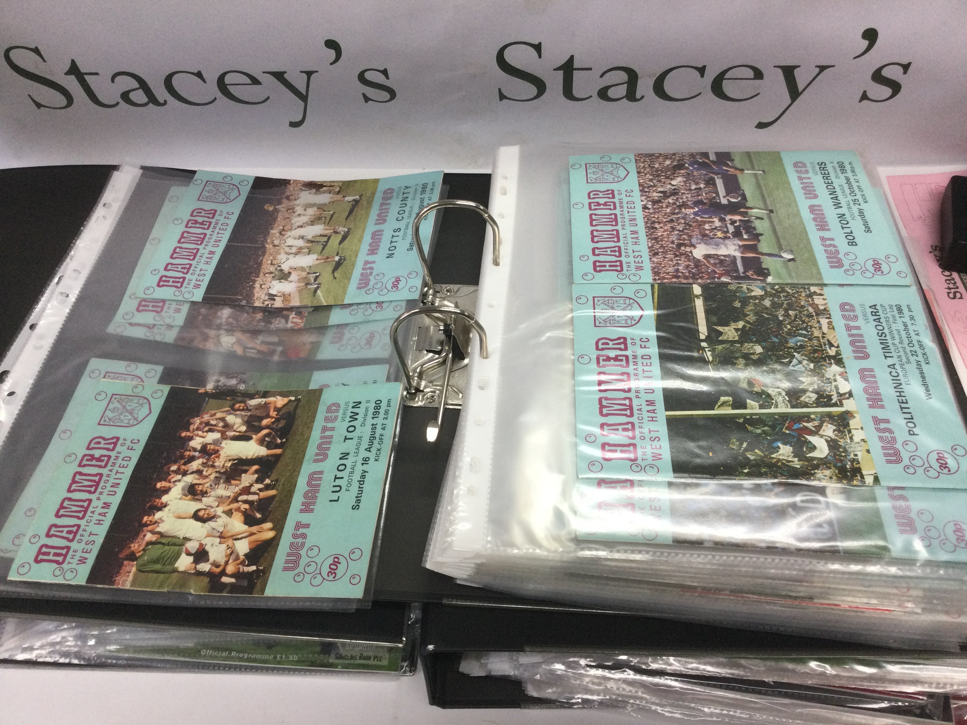 Two boxes of West Ham Utd football programs and tickets. Shipping category D.