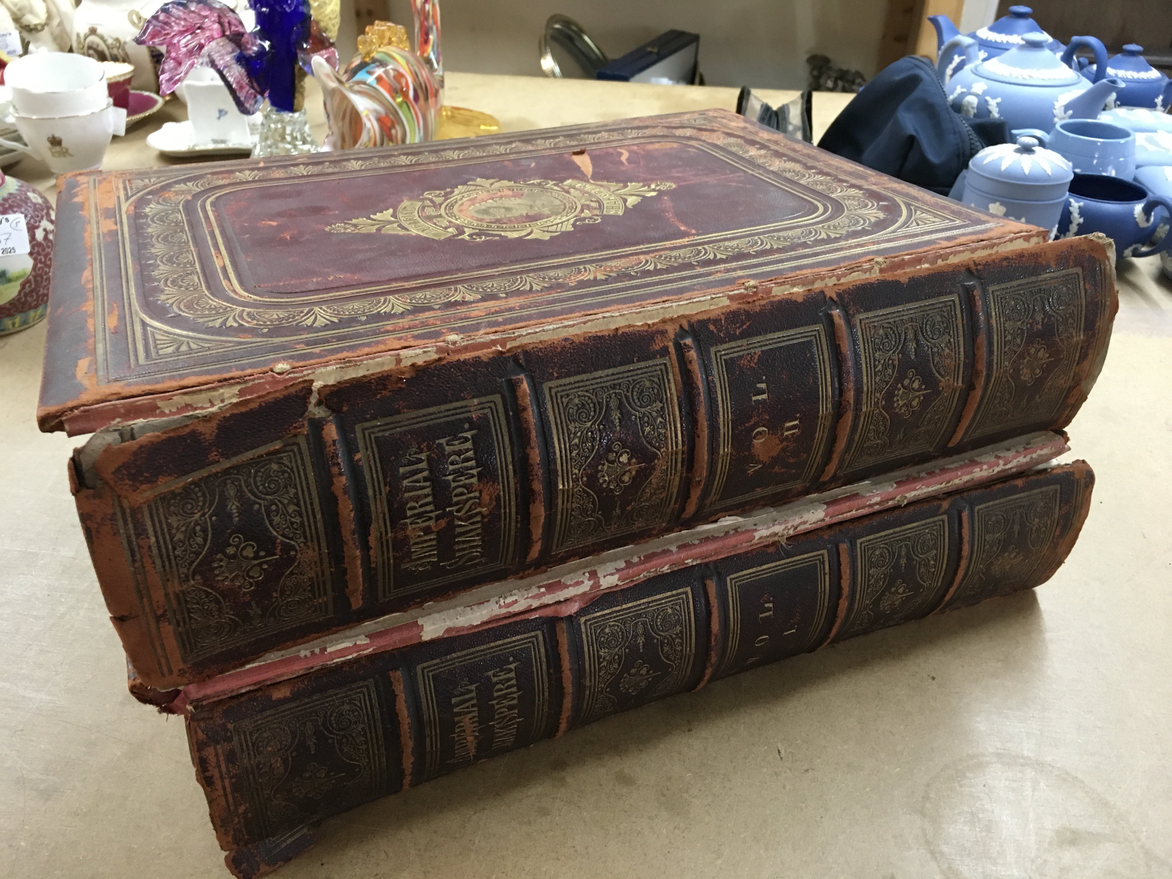 Two leather bound 19th century Shakespeare books, The works of Shakespeare with notes by Charles Knight vol I and II.