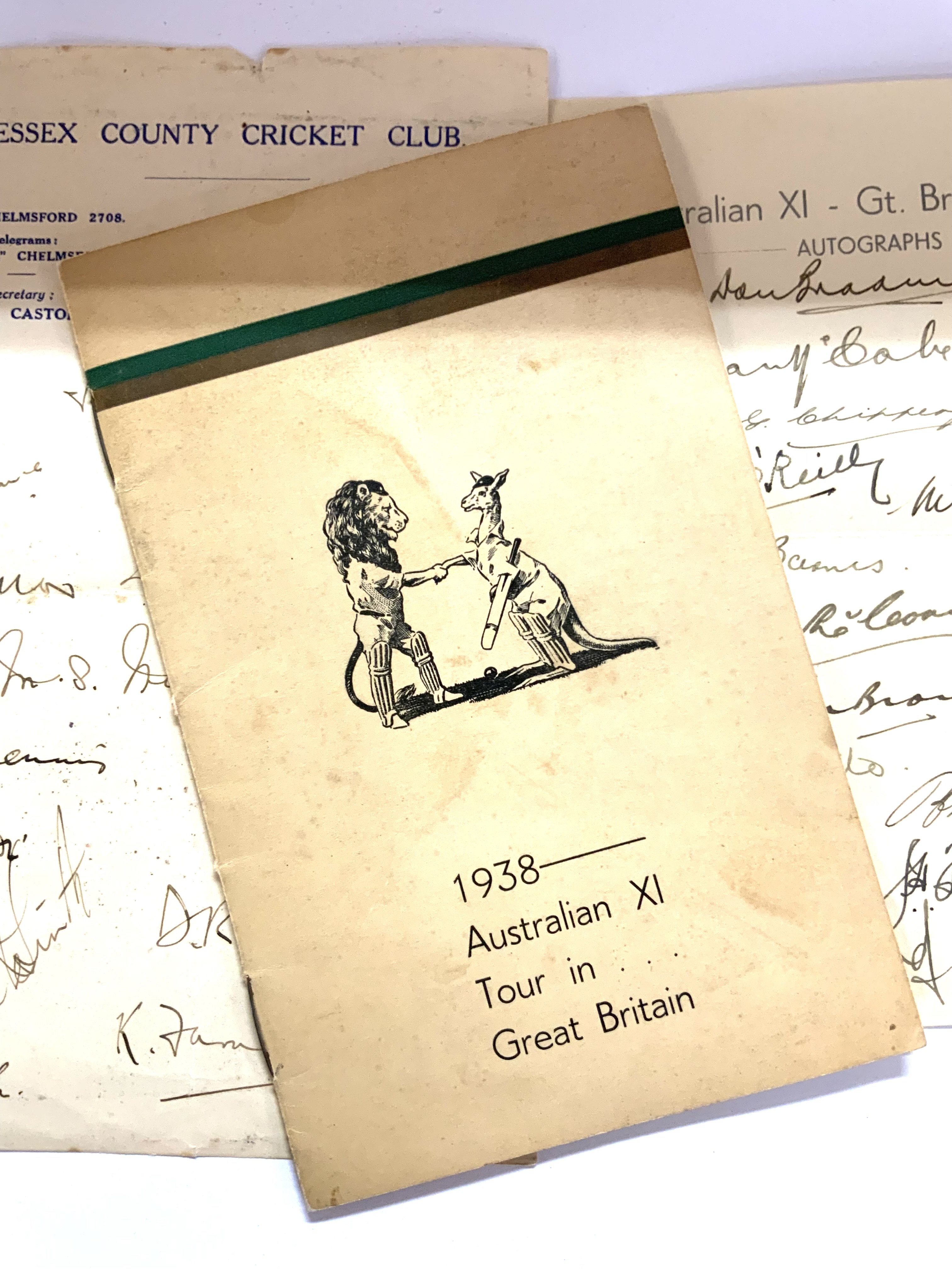 AUSTRALIAN XI, ENGLISH TOUR 1938, an official tour booklet including itinerary and information on the players, signed on a separate sheet in ink by all members of the team: D.G. Bradman (Captain), S.J.McCabe, C.L. Badcock, S.G. Barnes, B.A. Barnett, W.A Brown, A.G. Chipperfield, J.H. Fingleton, L.O'B. Fleetwood-Smith, A.L. Hassett, E.L. McCormick, W.J. O'Reilly, M.G. Waite, C.W. Walker, F.A. Ward, E.C.S. White and by the team manager. Together with Essex county cricket club headed paper C.1928 cricket team including Denys Wilcox. (From the estate of Alderman L Miles ref Lot 701).