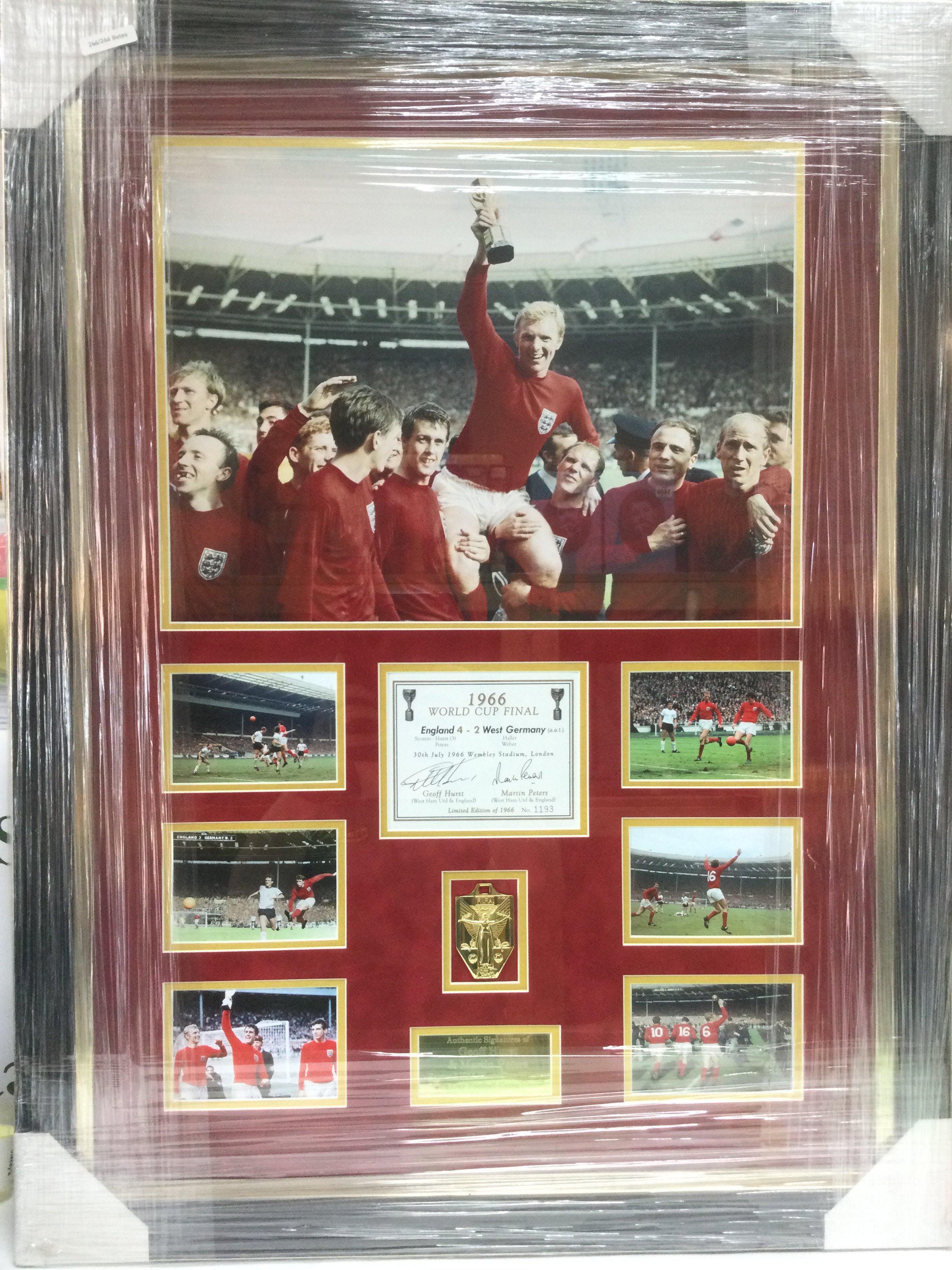 A framed and glazed limited edition 1966 England World Cup montage signed by goalscorers Geoff Hurst and Martin Peters, approx 69cm x 90cm. Comes with COA. Shipping category D.