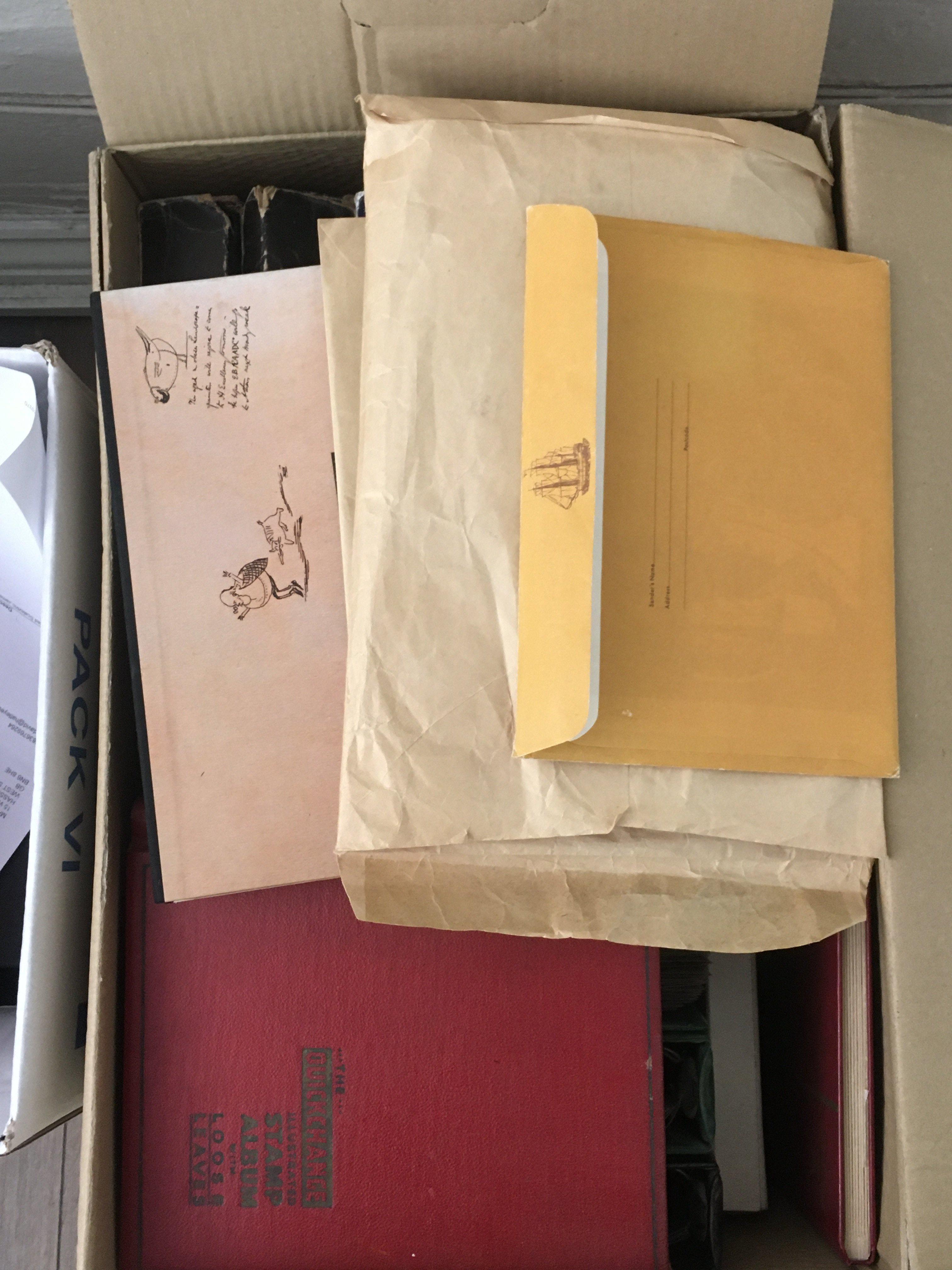 A box of world + GB stamps, First day covers and presentation packs.