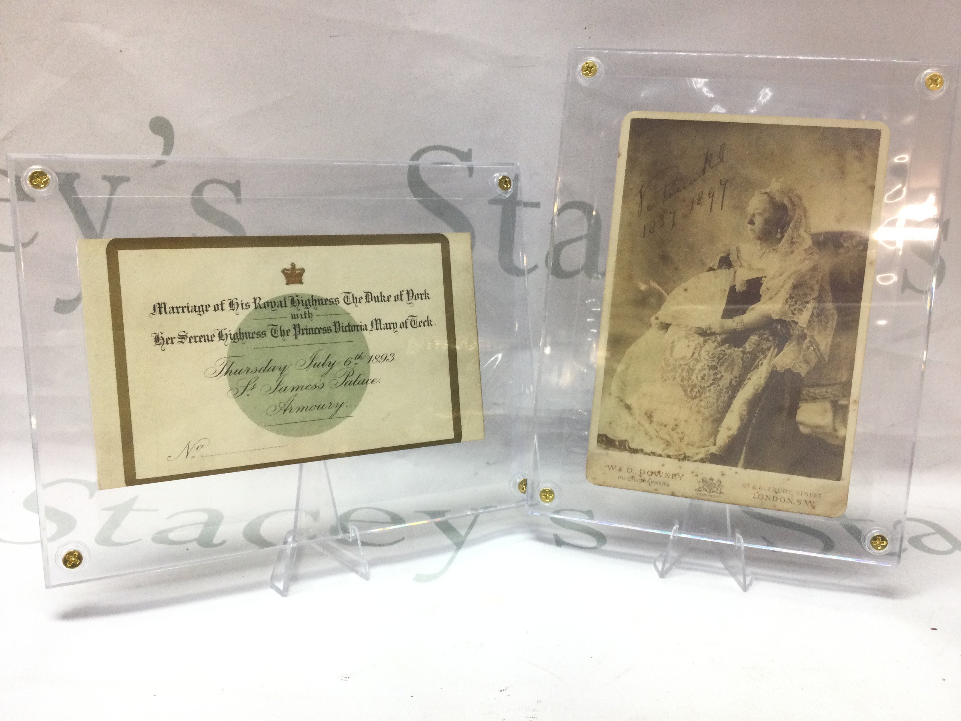 Royal interest, an invitation to the wedding of King George V & Mary of Teck, July 6th 1893, St James palace with a cabinet card of Queen Victoria by W&D Downey, London . Postage cat B