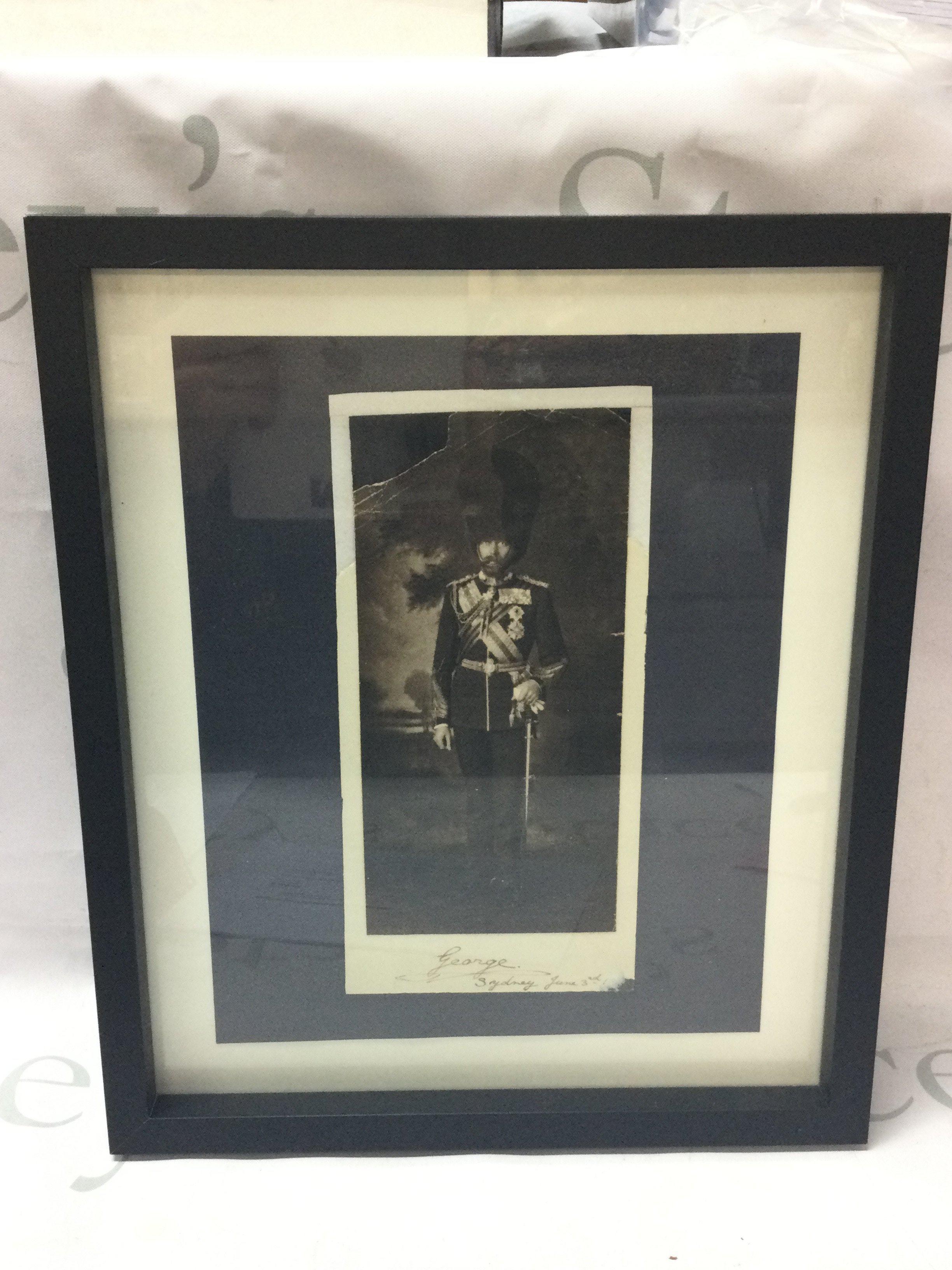 Royal Interest ,a framed signed King George V Photograph in military uniform, inscribed George, Sydney , June 3rd. From the family archive of Lord Stamfordham, Private secretary to Queen Victoria and later King George V . Postage catB