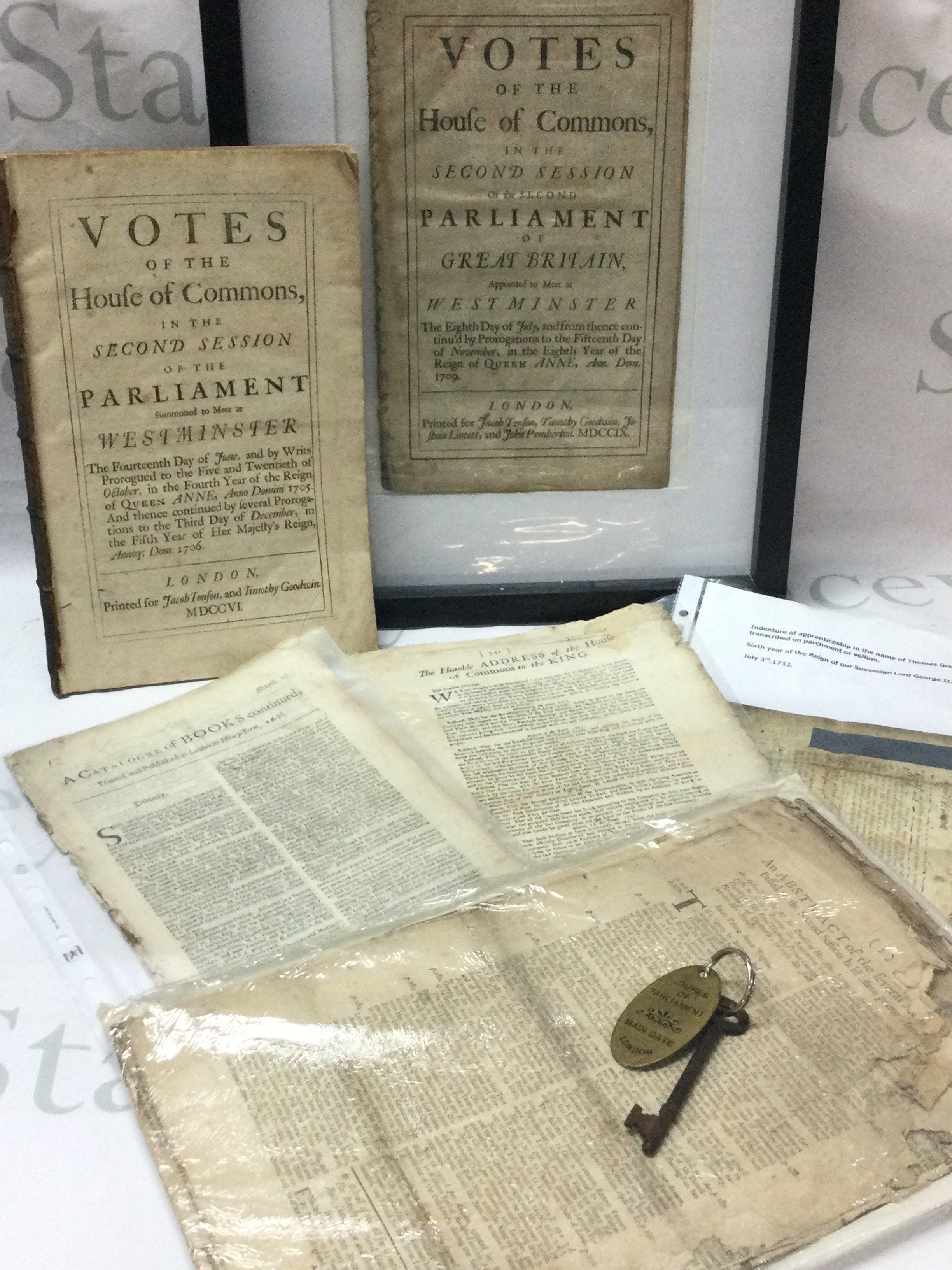 A collection of 17th/18th century House of Commons parliament papers, documents etc including a main gate key. Postage category C