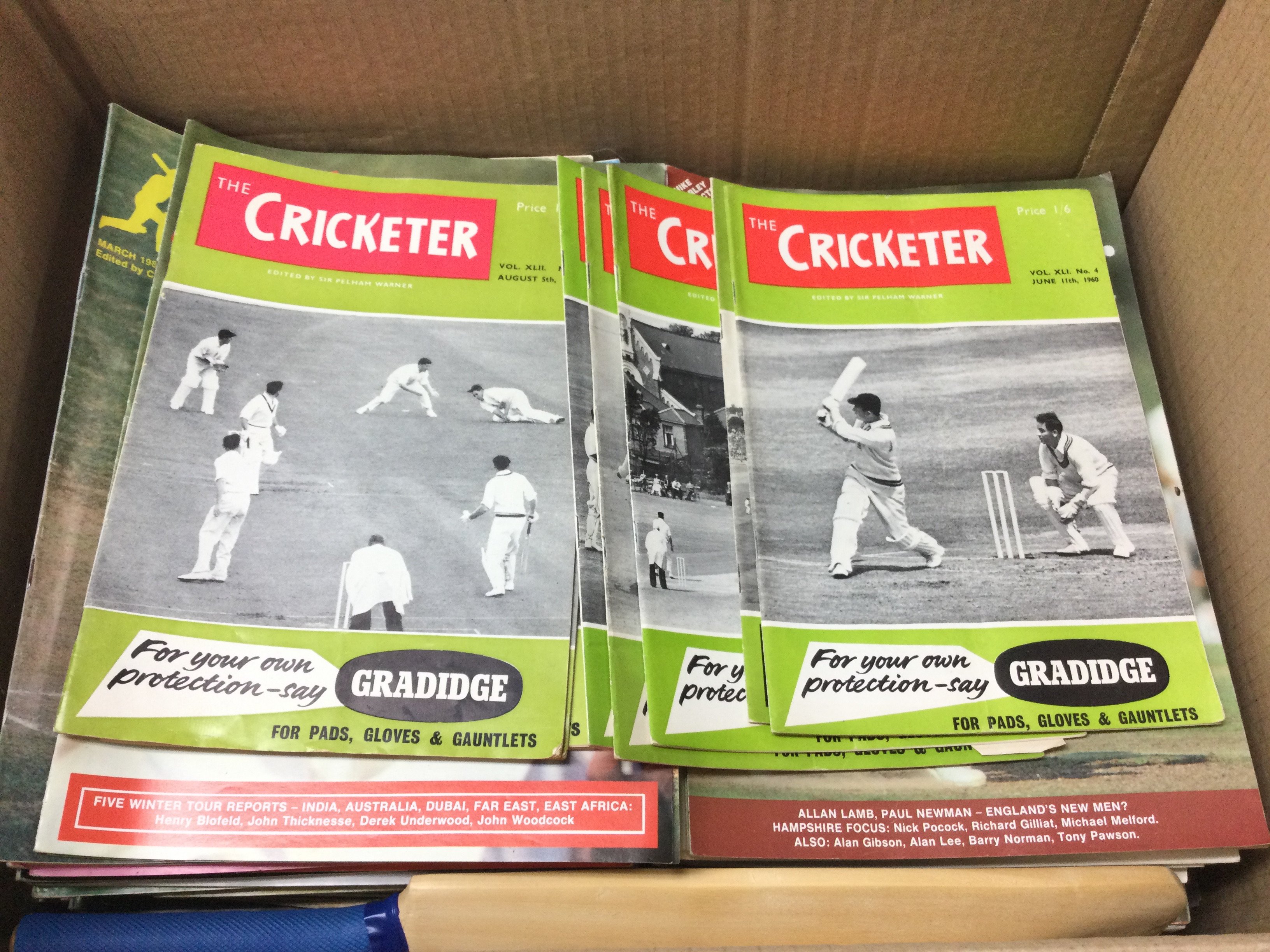 A collection of cricketer magazines from 1960 70s and 80s and an Essex signed mini bat. Postage C
