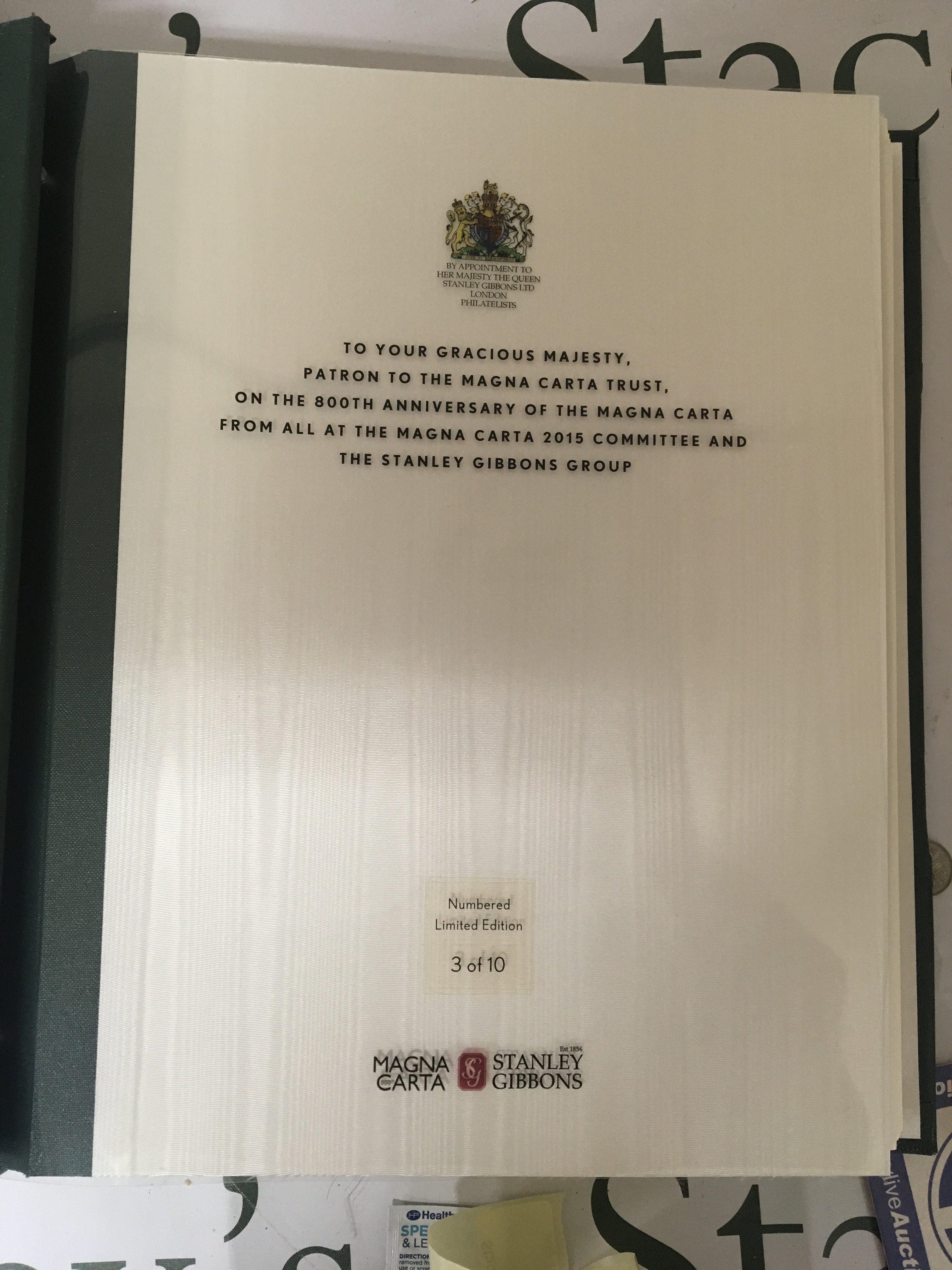 A 2015 Album of Stamps and associated ephemera The 800th Anniversary of the Magna Carter. Probably the first time This Particular album has been available on the market. The album presented to Her Majesty The Queen from the Magna Carter Committee and Stanley Gibbons this album number 3 of just ten produced. In a green half leather binder with outer box cover, sold with quality Alecto boxed Cambridge Doomesday and Essex books boxed in excellent condition.