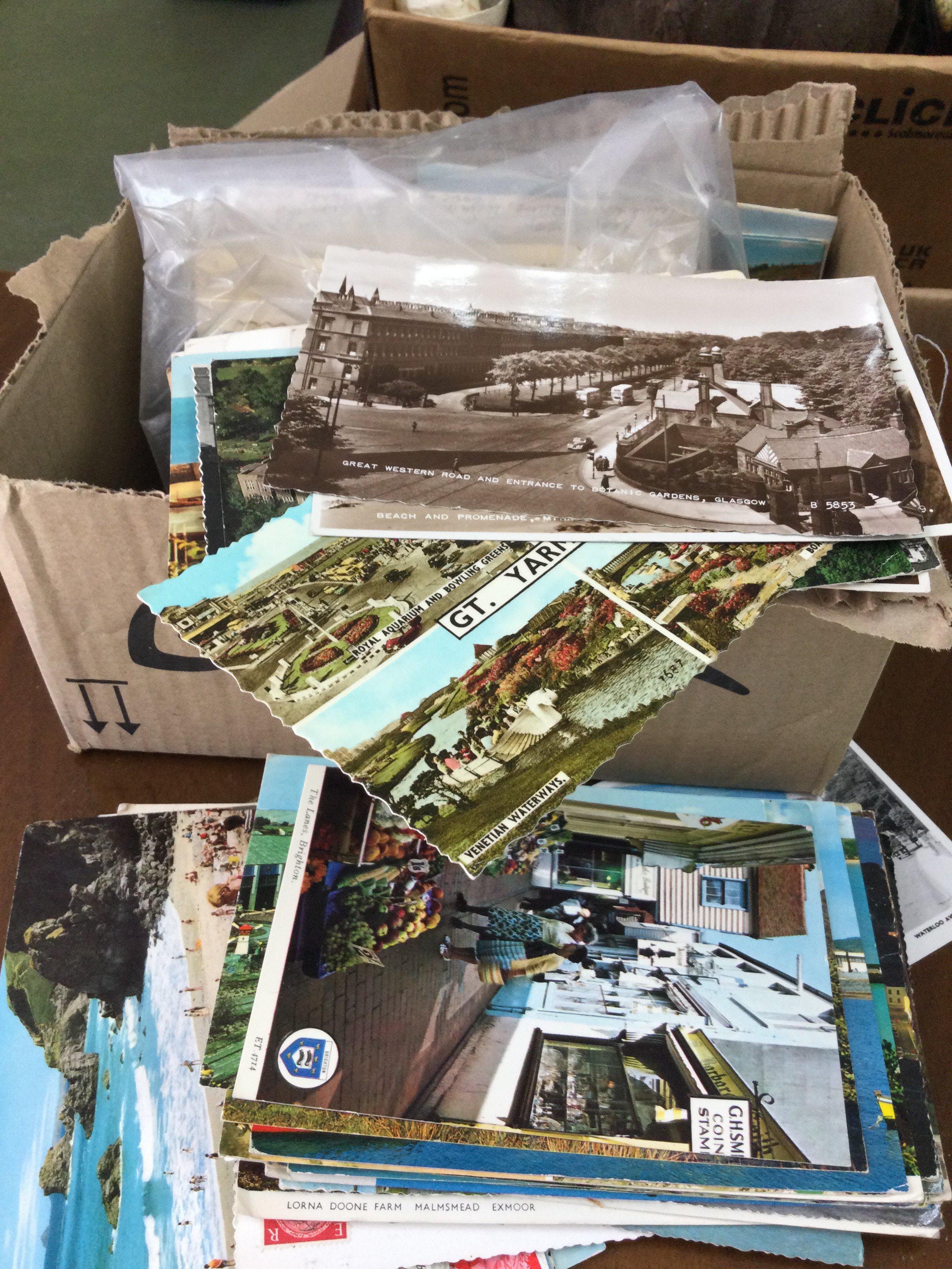 Two boxes containing Victorian postcards, scrap books etc
