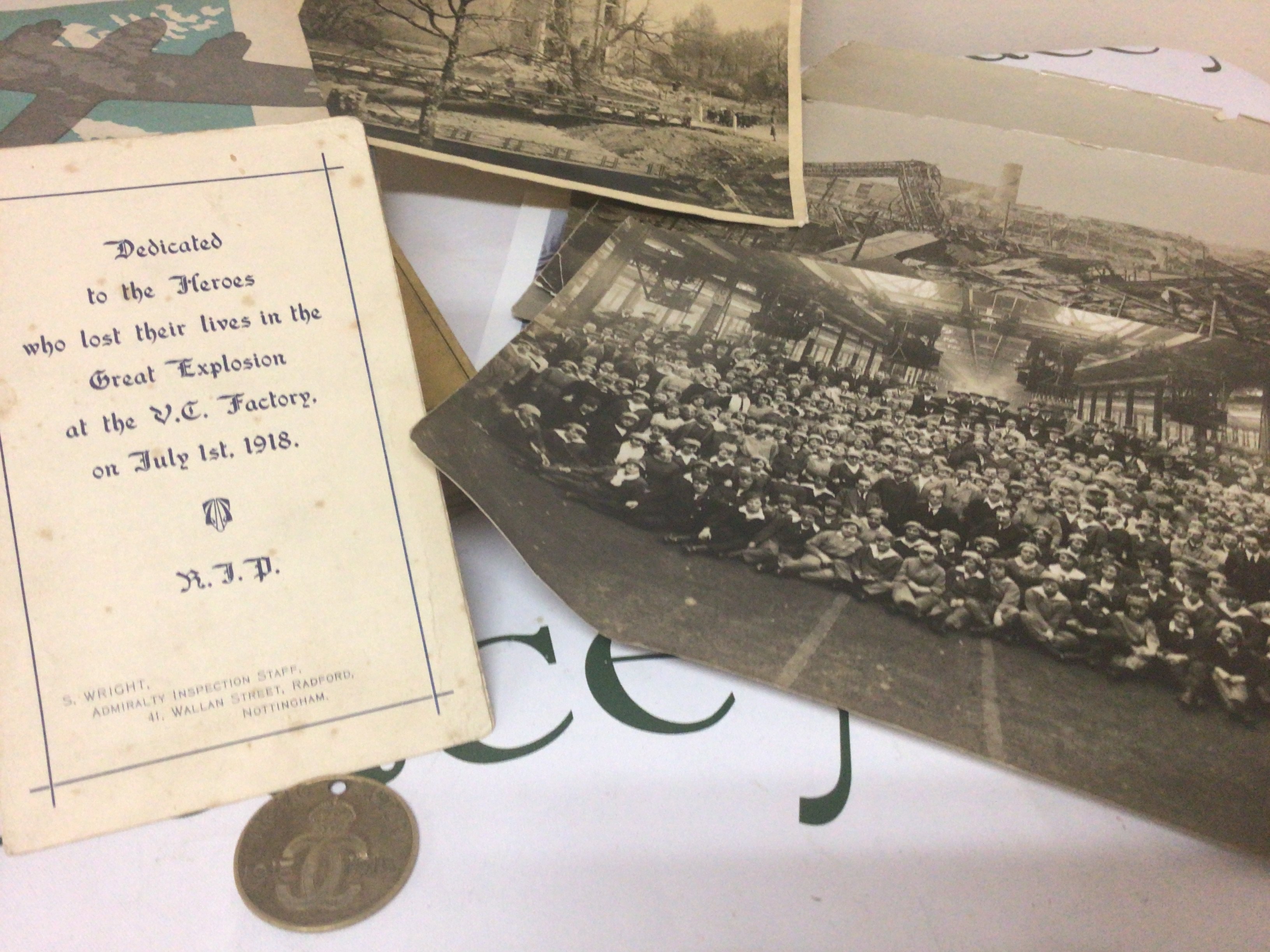 British I War History. An intresting collection of Photographs and associated ephemera relating to the Ammunition Factory V.C number 6 filling factory at Chilwell in Nottinghamshire. On July 1 1918 the factory experienced a massive explosion killing 134 people and many hundreds were injured. This lot including a memorial card photos of the work force the interior and the aftermath of the explosion. Also included is a workers ID token 819 sold with other military books including German.
