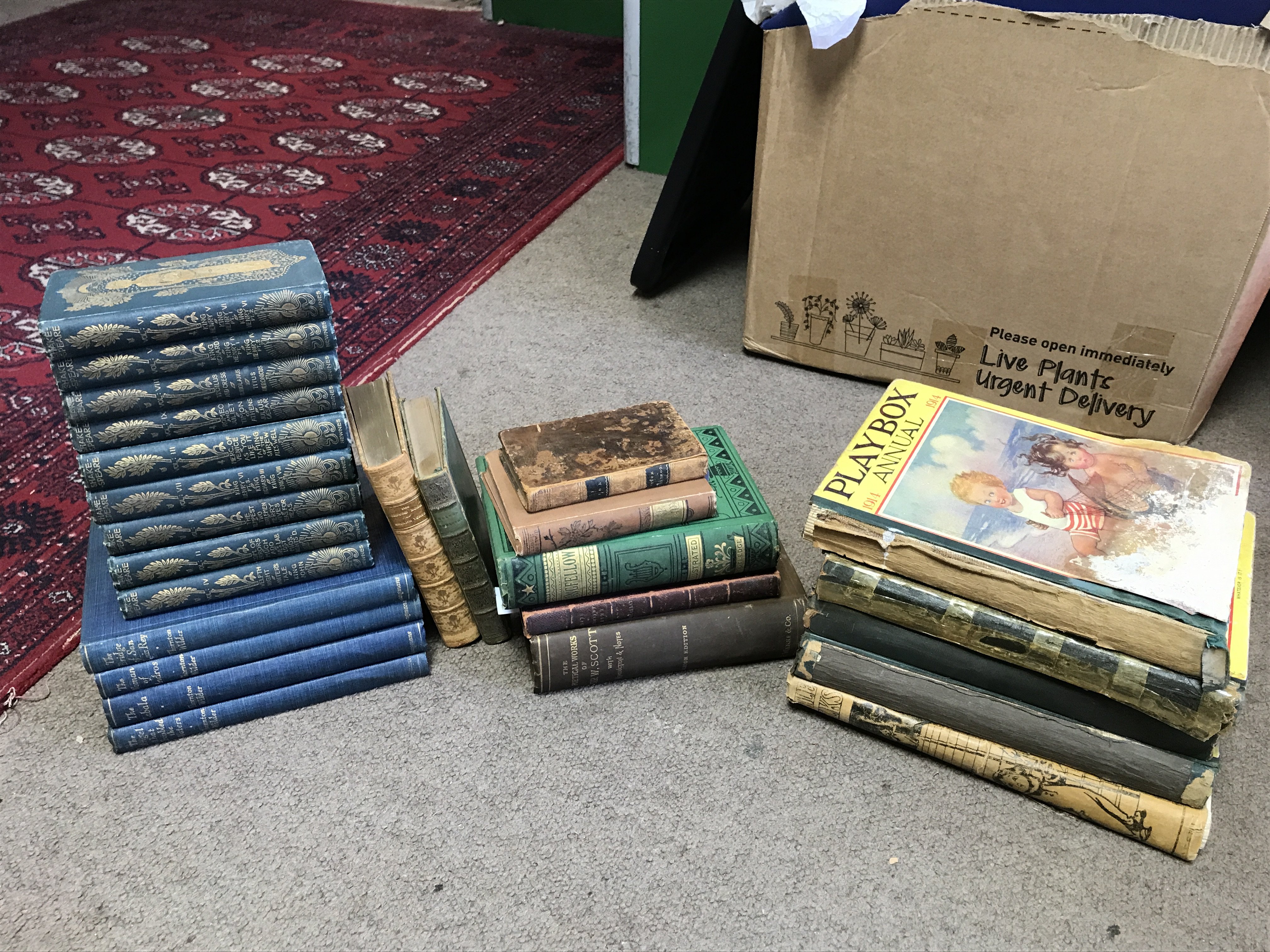 A collection of books including the works of Shakespeare volumes by George Newnes, Thornton Wilder books The Bridge of San Luis Rey, The Woman of Andros, The Cabala, The Angel that troubled the waters, Oxford book of English verse 1250-1900 Arthur Quiller Couch 1926, Poetical works of Abraham Crowley vol 1 1784, The Canterbury poets 1890, poetical works of Henry Wadsworth Longfellow 1880, Lays of Ancient Rome 1850, poetical works of Sir Walter Scott, Playbox annuals. Postage cat C