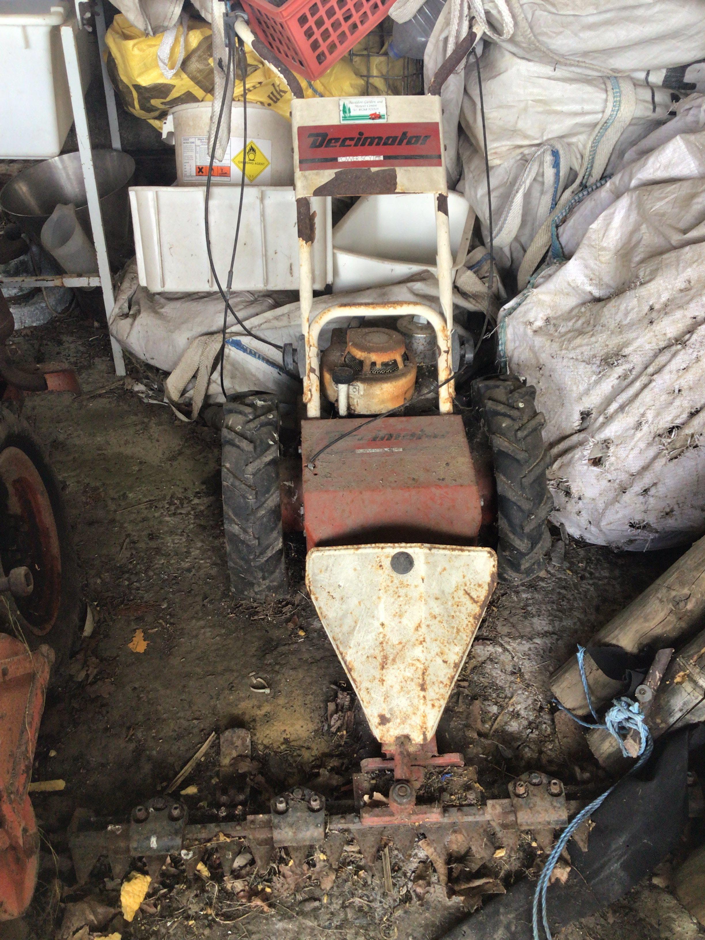 A Decimator Power Scythe for restoration barn stored. Viewing by appointment sold in situ buyer to collect Billericay CM11.