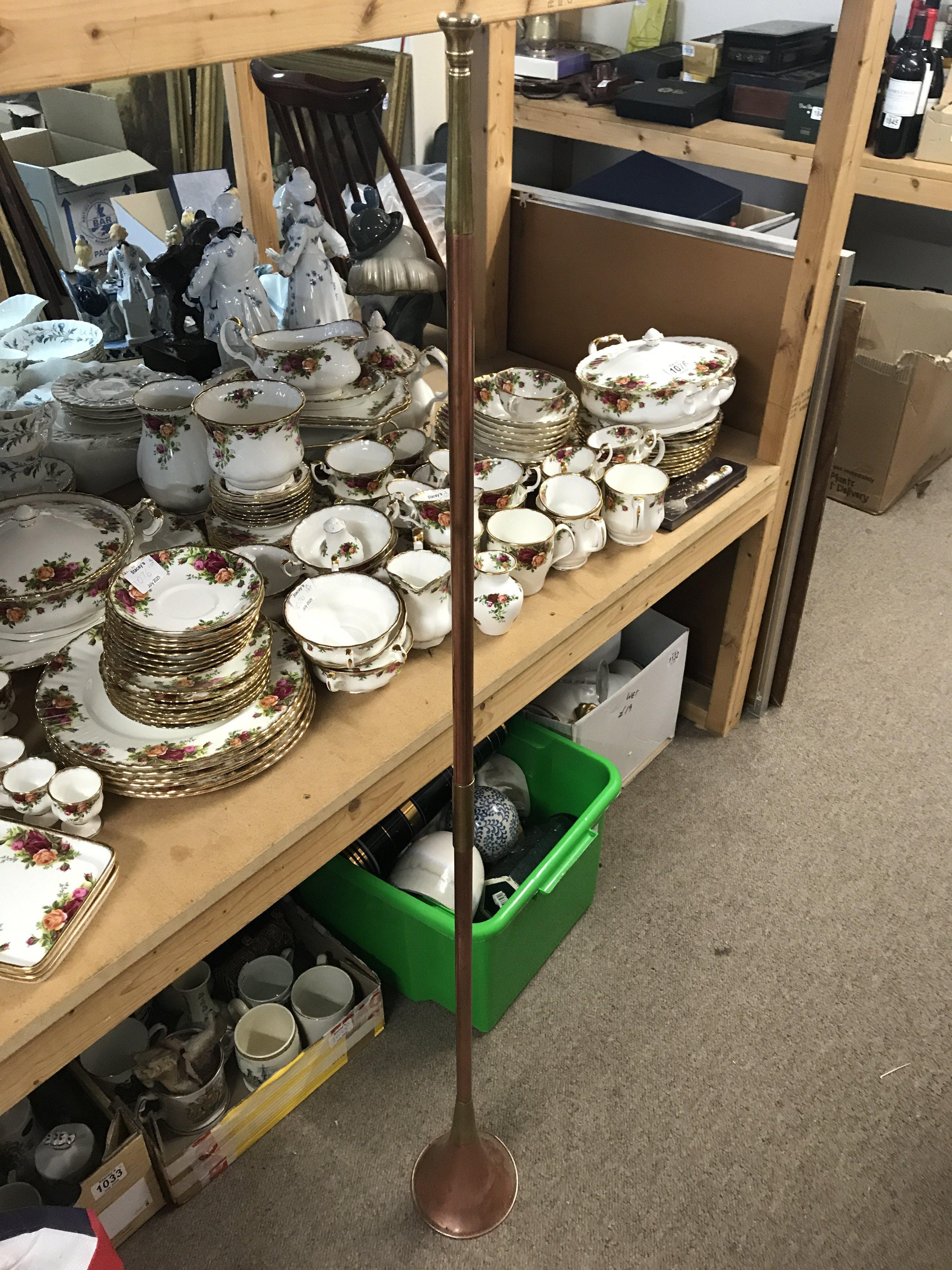 A large copper mug , hunting horn , porkert machine and other brass etc . This lot cannot be posted