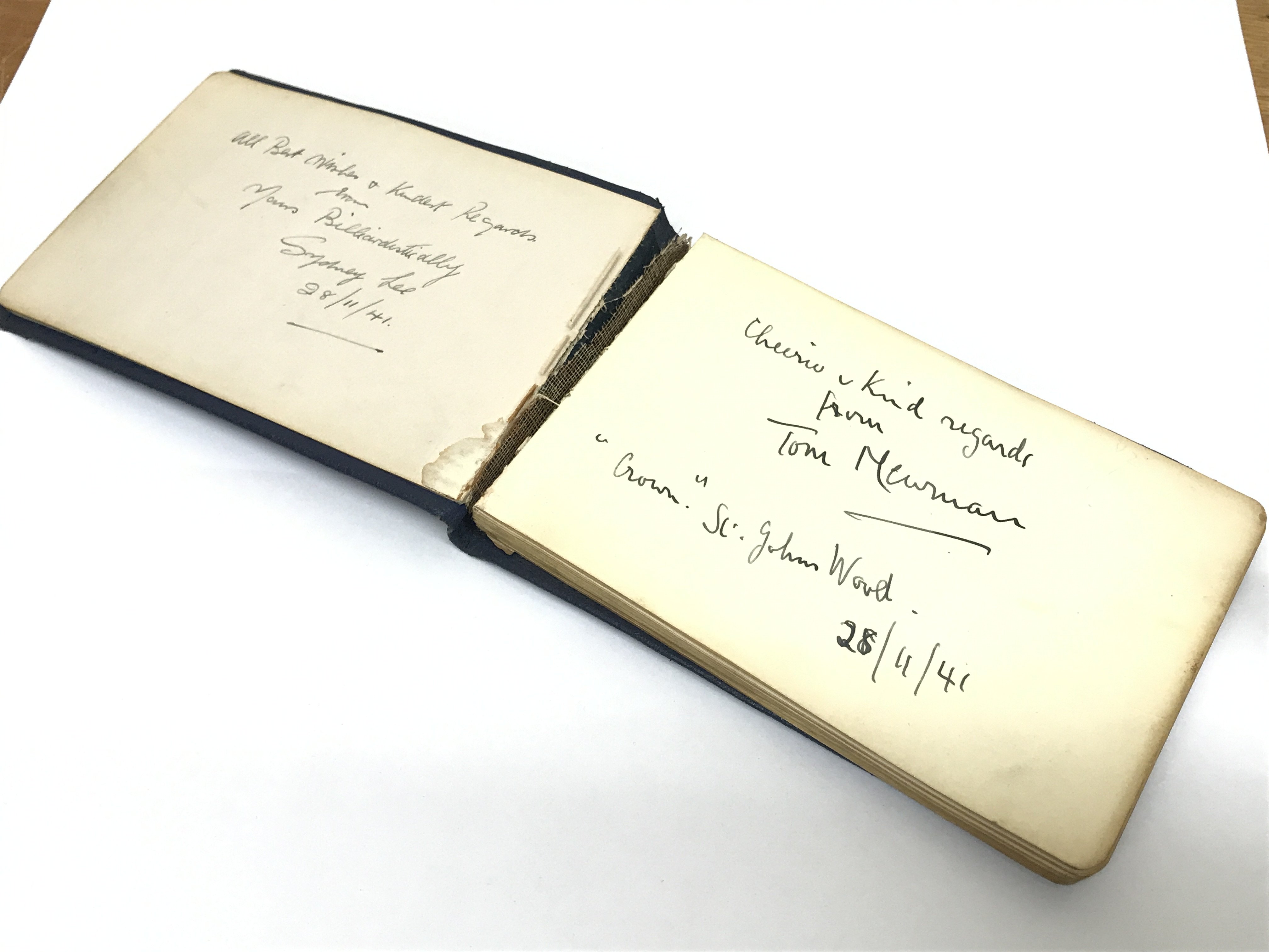 An autograph book including Sydney Lee (snooker), Tom Newman (snooker), Guy Gibson ( RAF WW2 bomber pilot), Horace Lindrum (snooker) etc. Postage category B