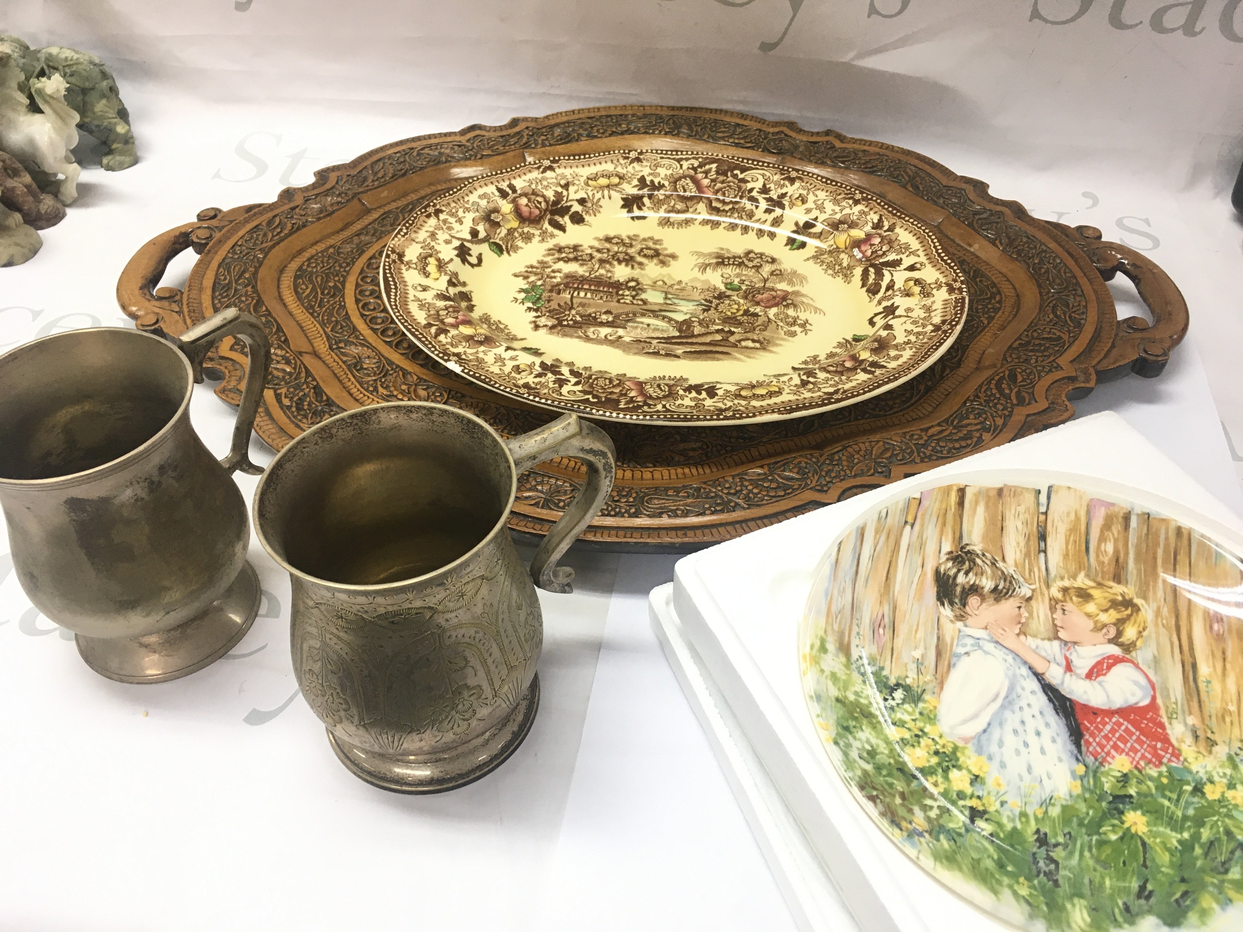 A wooden carved design tray, Wedgwood Be my Friend plate, Alfred Meakin dish , Pewter and silver plate tankard . No reserve . This lot cannot be posted
