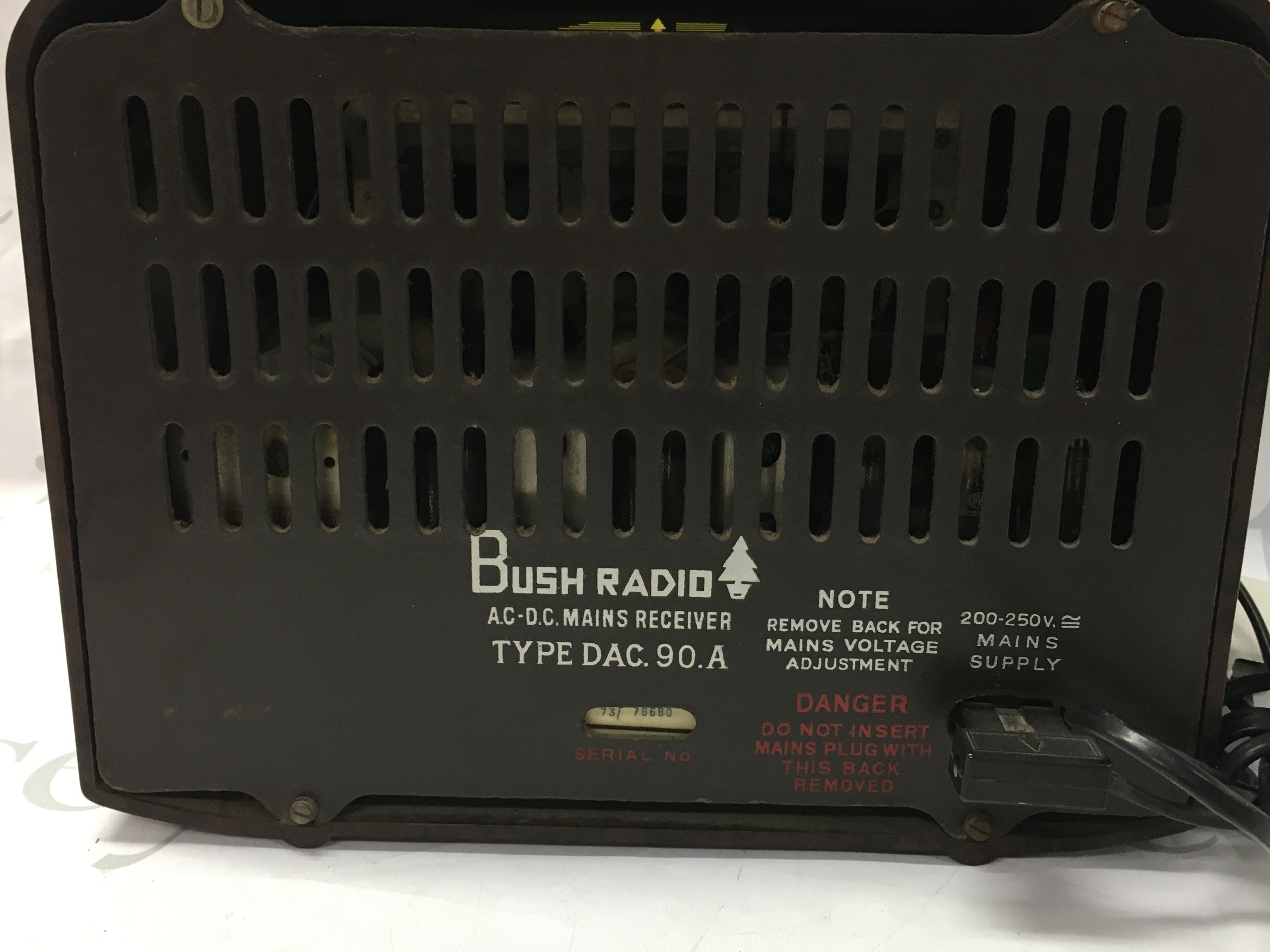 A vintage Bush Radio, Type DAC 90 A serial no 73/78680. Seen working. Postage category C. NO RESERVE